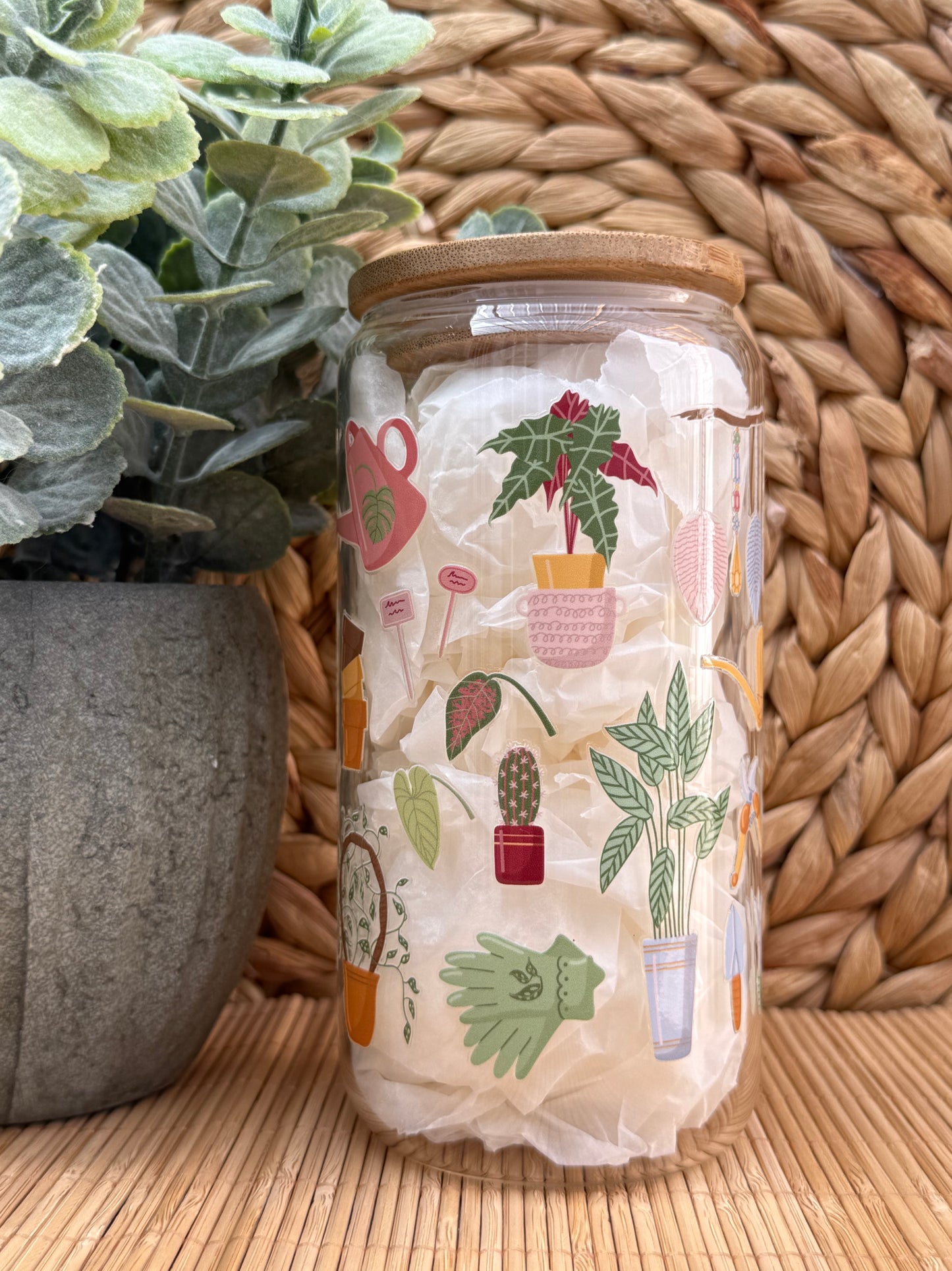 Garden Glass Tumbler 4 - Lid & Glass Straw 16oz (455ml)