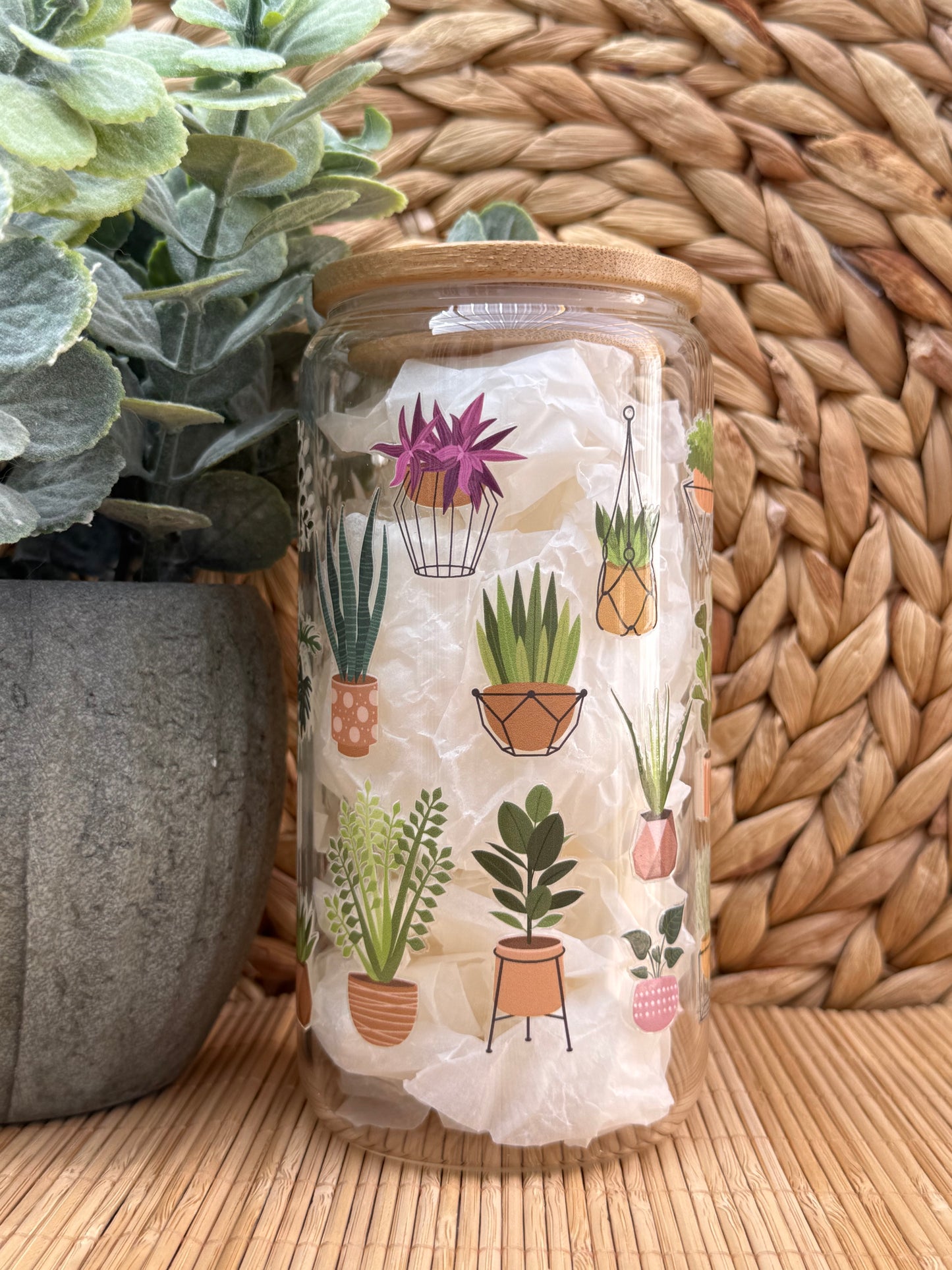 Garden Glass Tumbler 7 - Lid & Glass Straw 16oz (455ml)