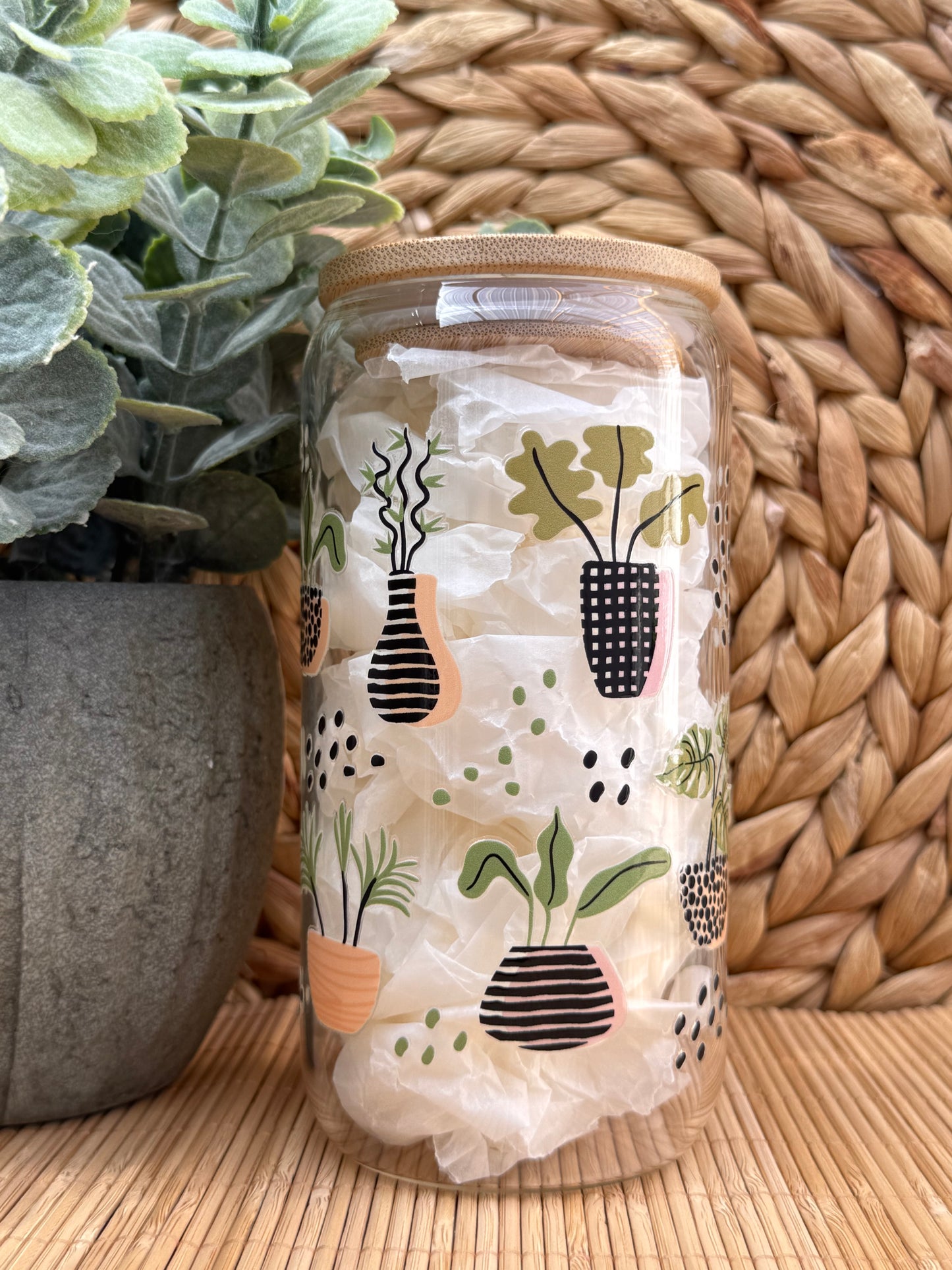 Garden Glass Tumbler 9 - Lid & Glass Straw 16oz (455ml)