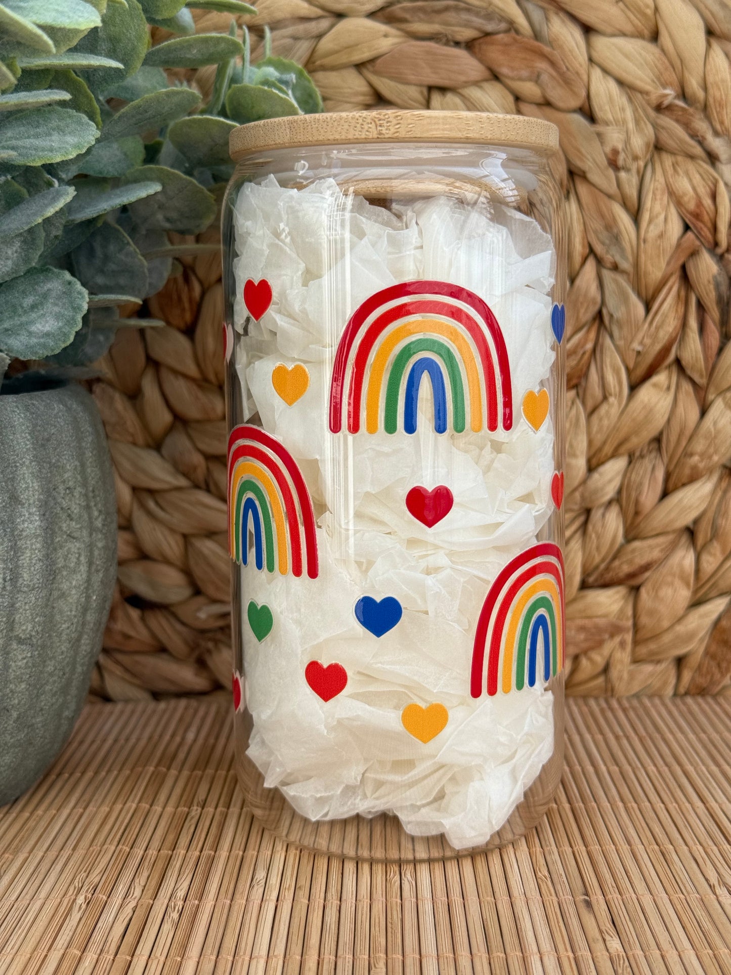 Rainbow Joy Premium Glass Tumbler – Bamboo Lid & Reusable Glass Straw 16oz (455ml)