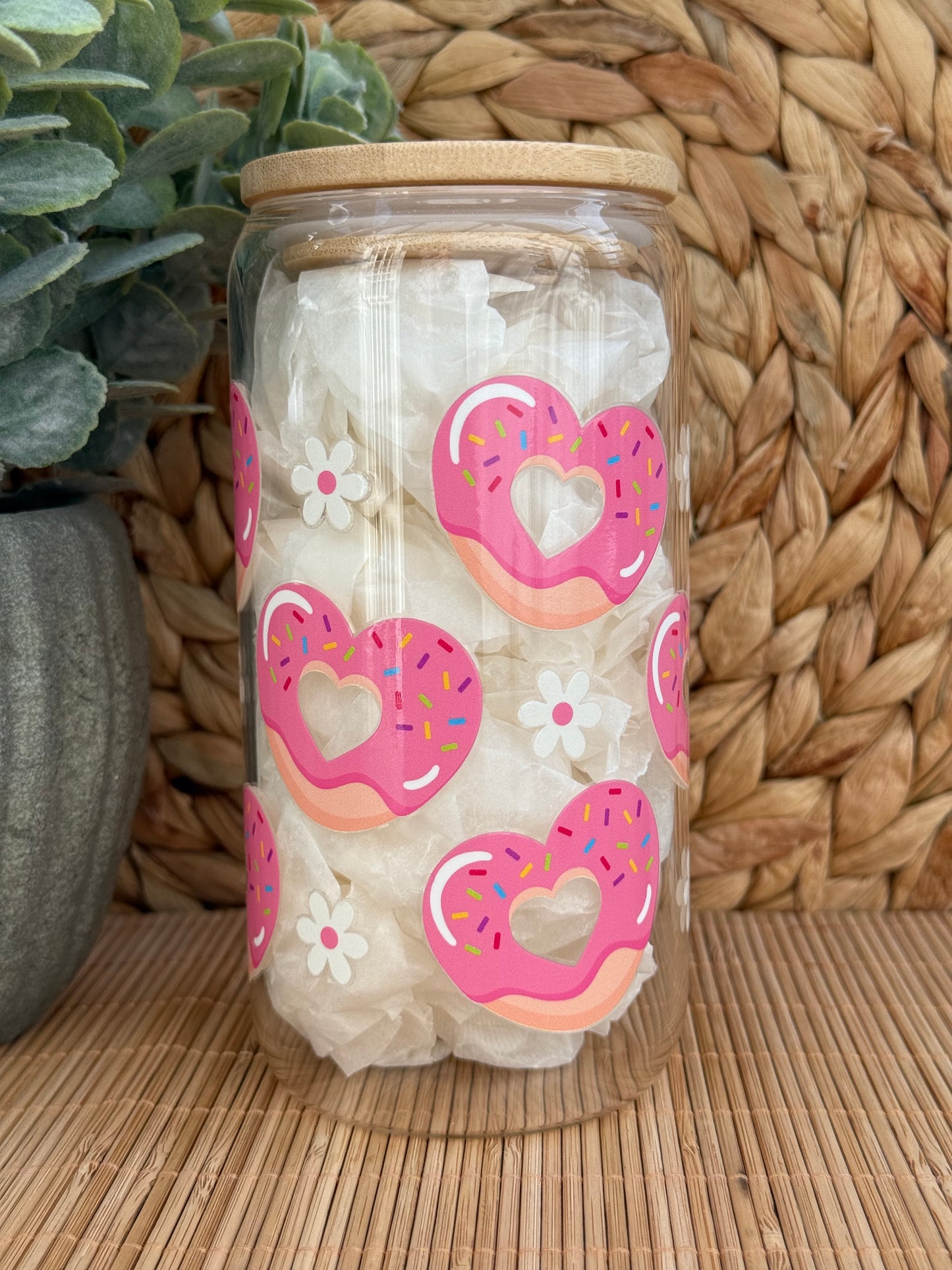 Sweetheart Donut Premium Glass Tumbler – Bamboo Lid & Reusable Glass Straw 16oz (455ml)