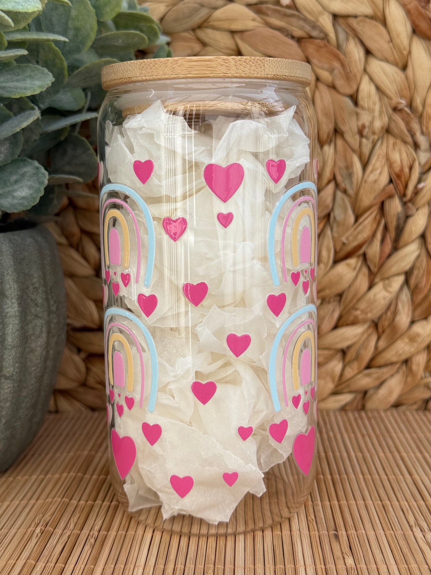 Pastel Love Rainbow Premium Glass Tumbler – Bamboo Lid & Reusable Glass Straw 16oz (455ml)