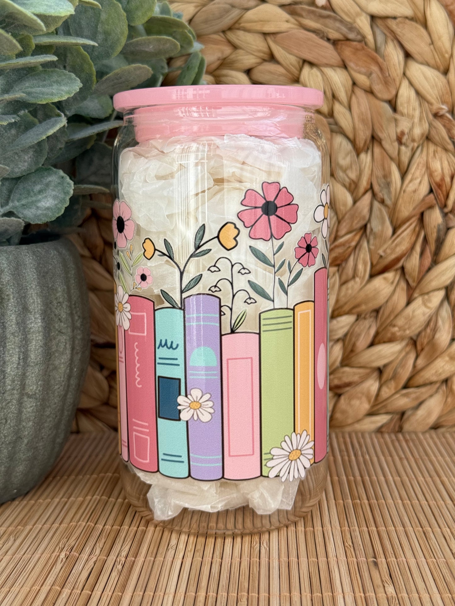 Floral Bookshelf Premium Glass Tumbler – Candy Coloured Lid & Reusable Glass Straw 16oz (455ml)