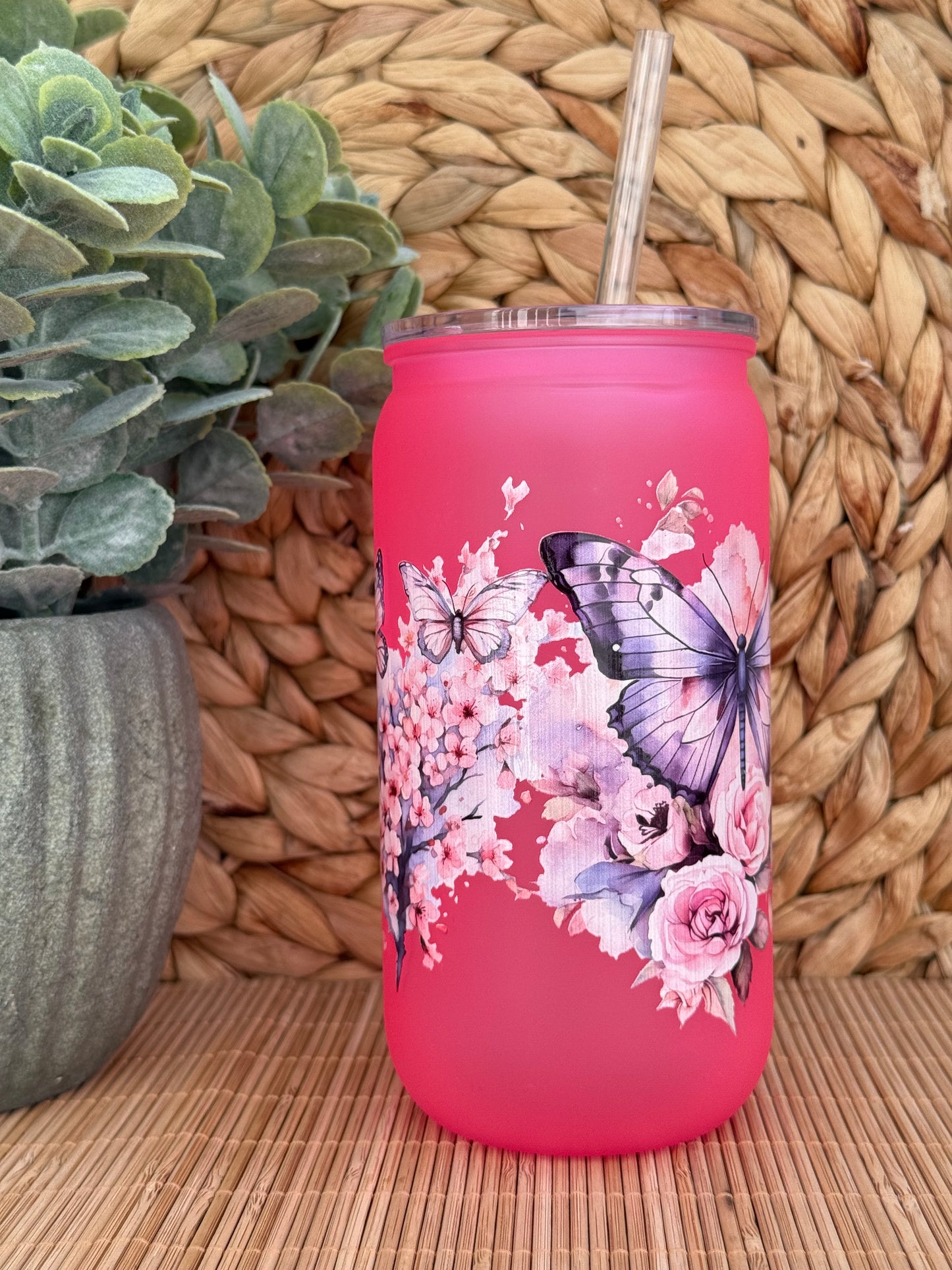 Butterfly & Blossoms Frosted Tumbler - Lid & Straw 16oz (455ml)