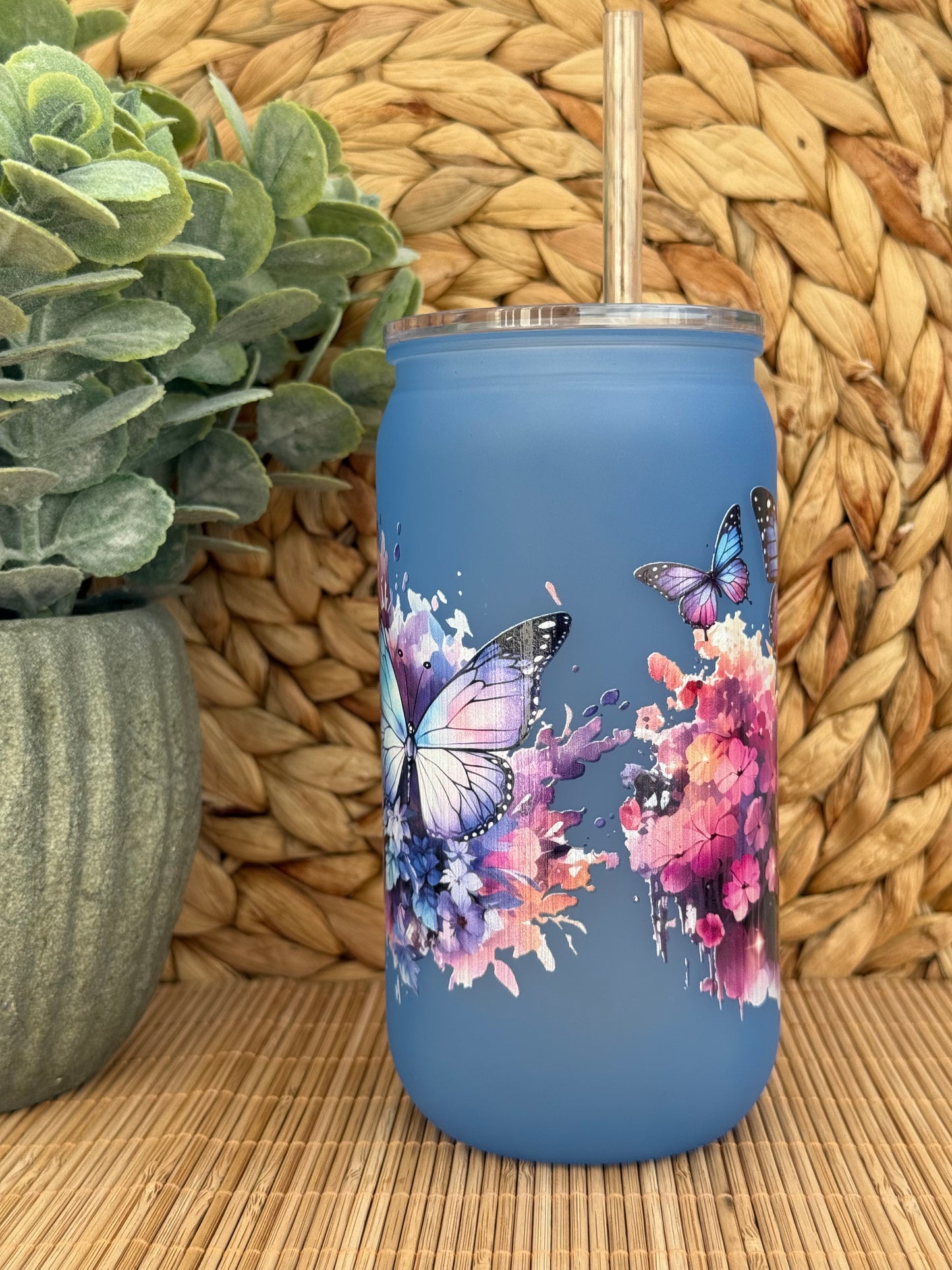 Midnight Bloom & Butterflies Frosted Tumbler - Lid & Straw 16oz (455ml)
