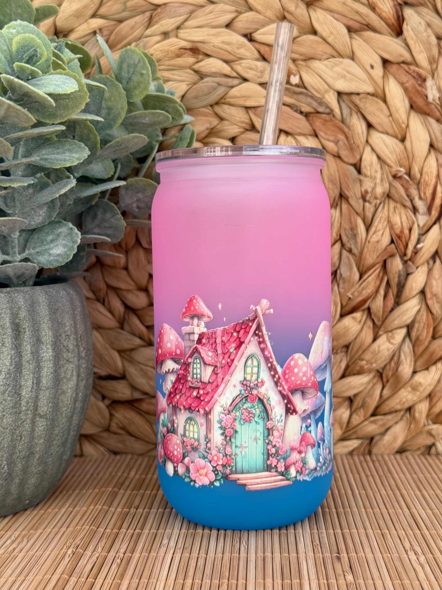 Enchanted Fairy Village Frosted Tumbler with Lid & Straw 16oz (455ml)