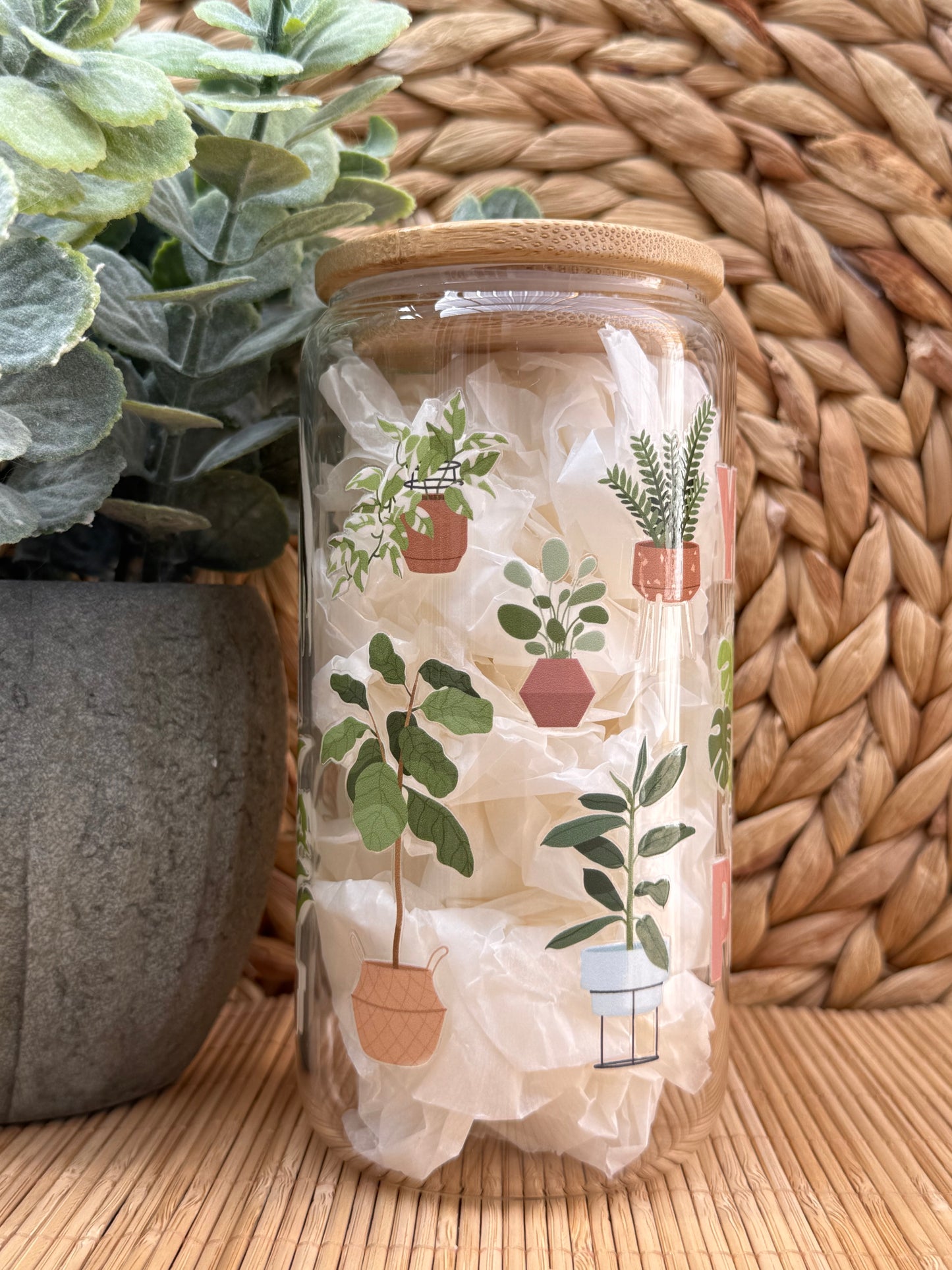 Garden Glass Tumbler 3 - Lid & Glass Straw 16oz (455ml)