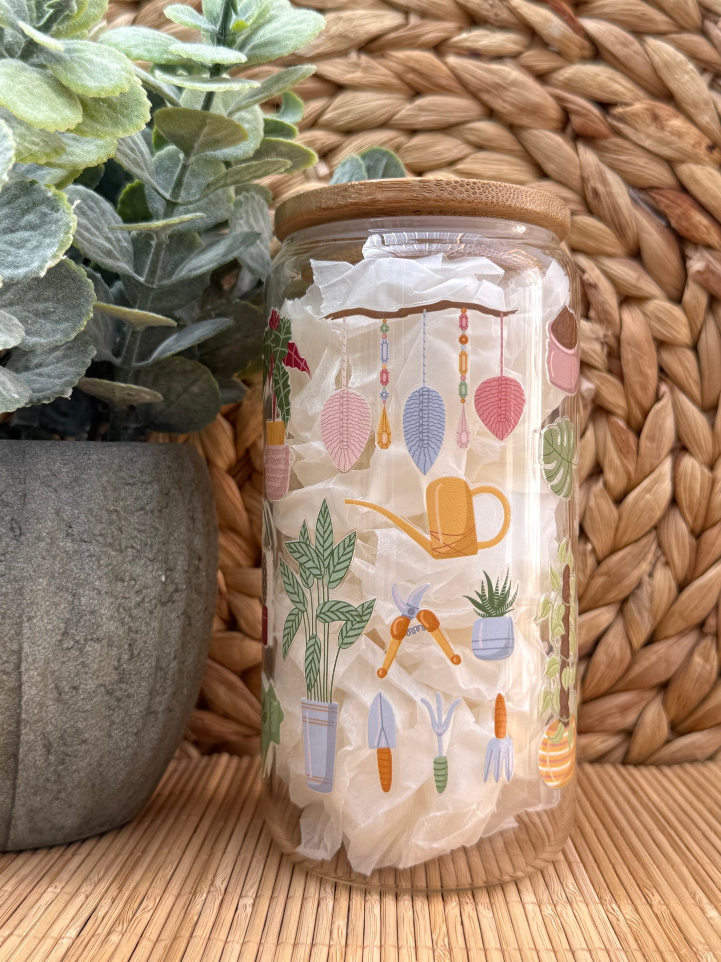 Garden Glass Tumbler 4 - Lid & Glass Straw 16oz (455ml)