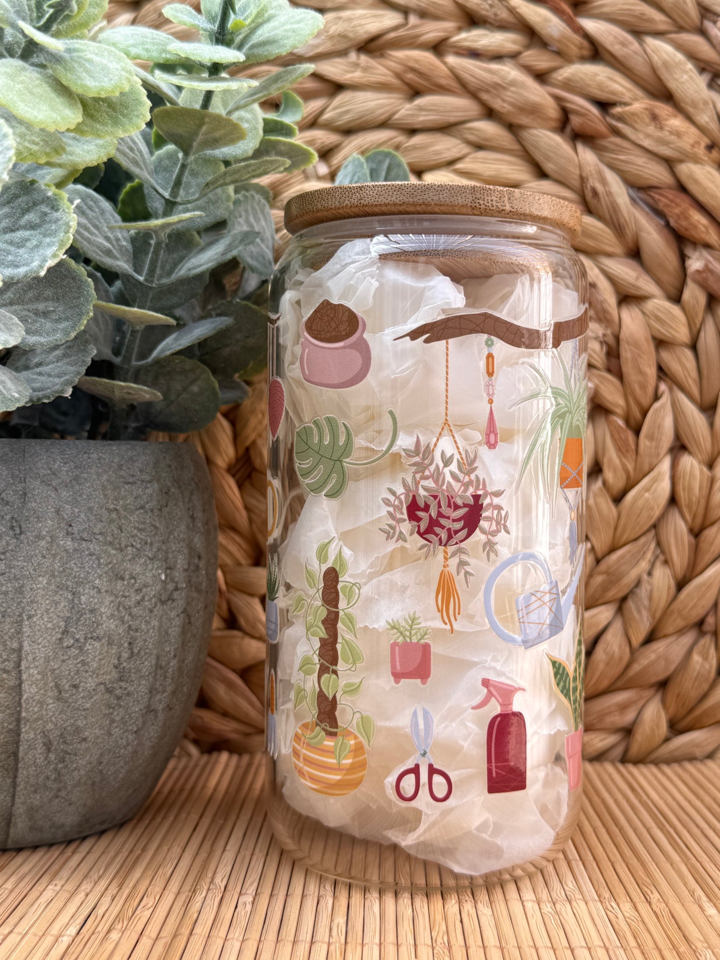 Garden Glass Tumbler 4 - Lid & Glass Straw 16oz (455ml)