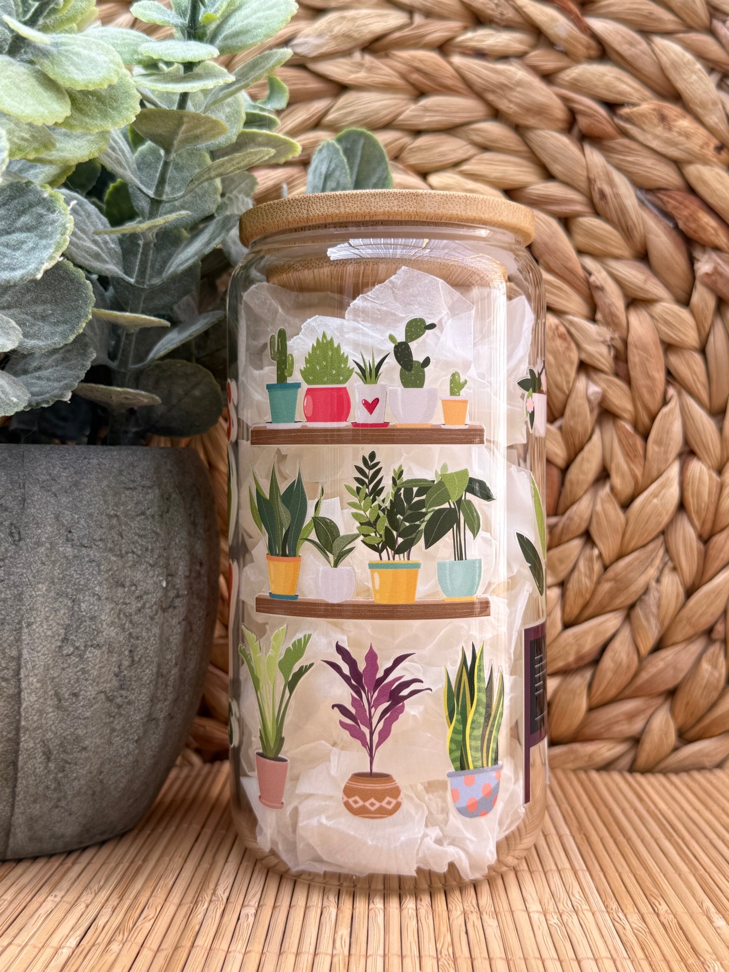 Garden Glass Tumbler 6 - Lid & Glass Straw 16oz (455ml)