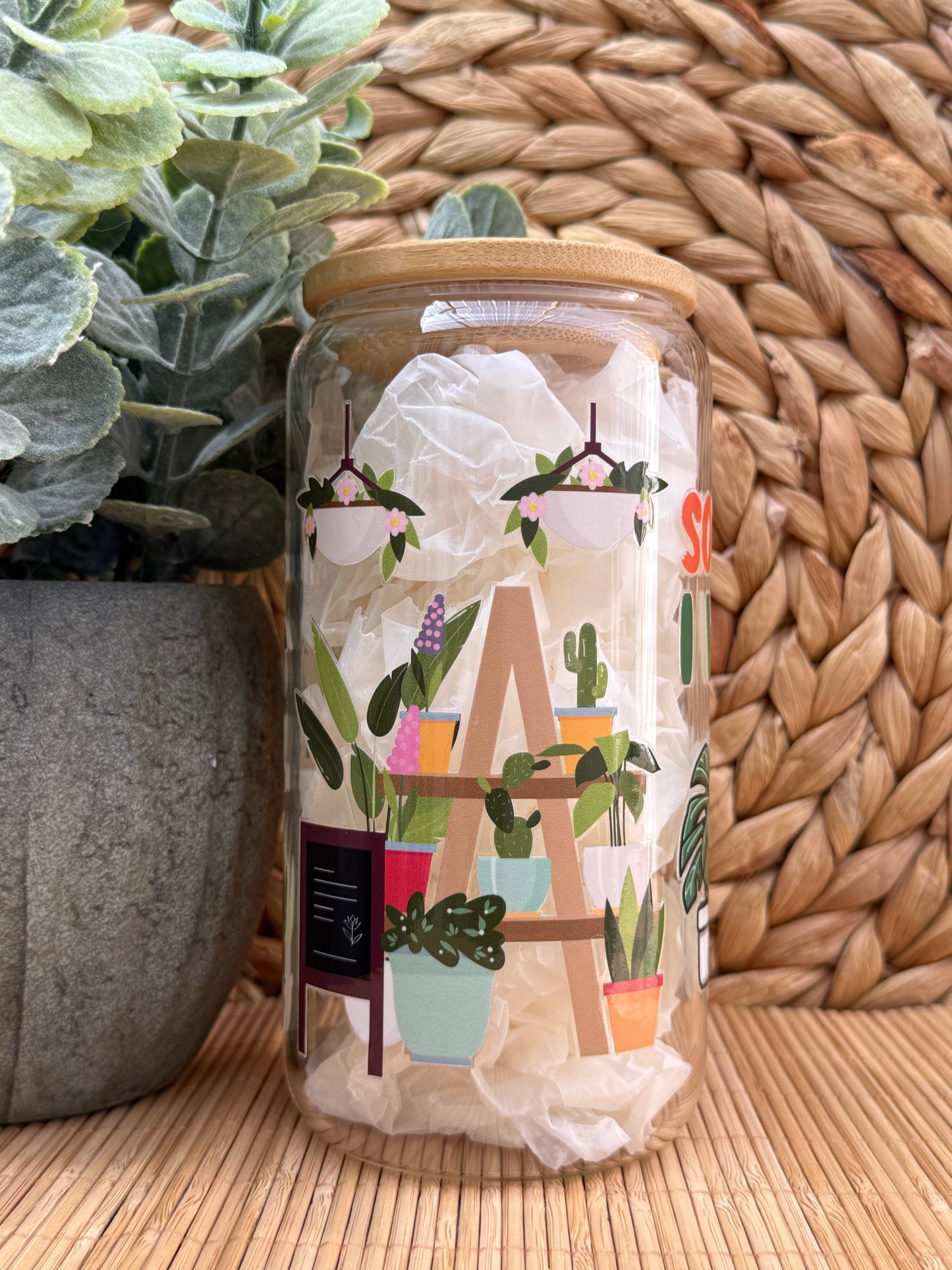 Garden Glass Tumbler 6 - Lid & Glass Straw 16oz (455ml)