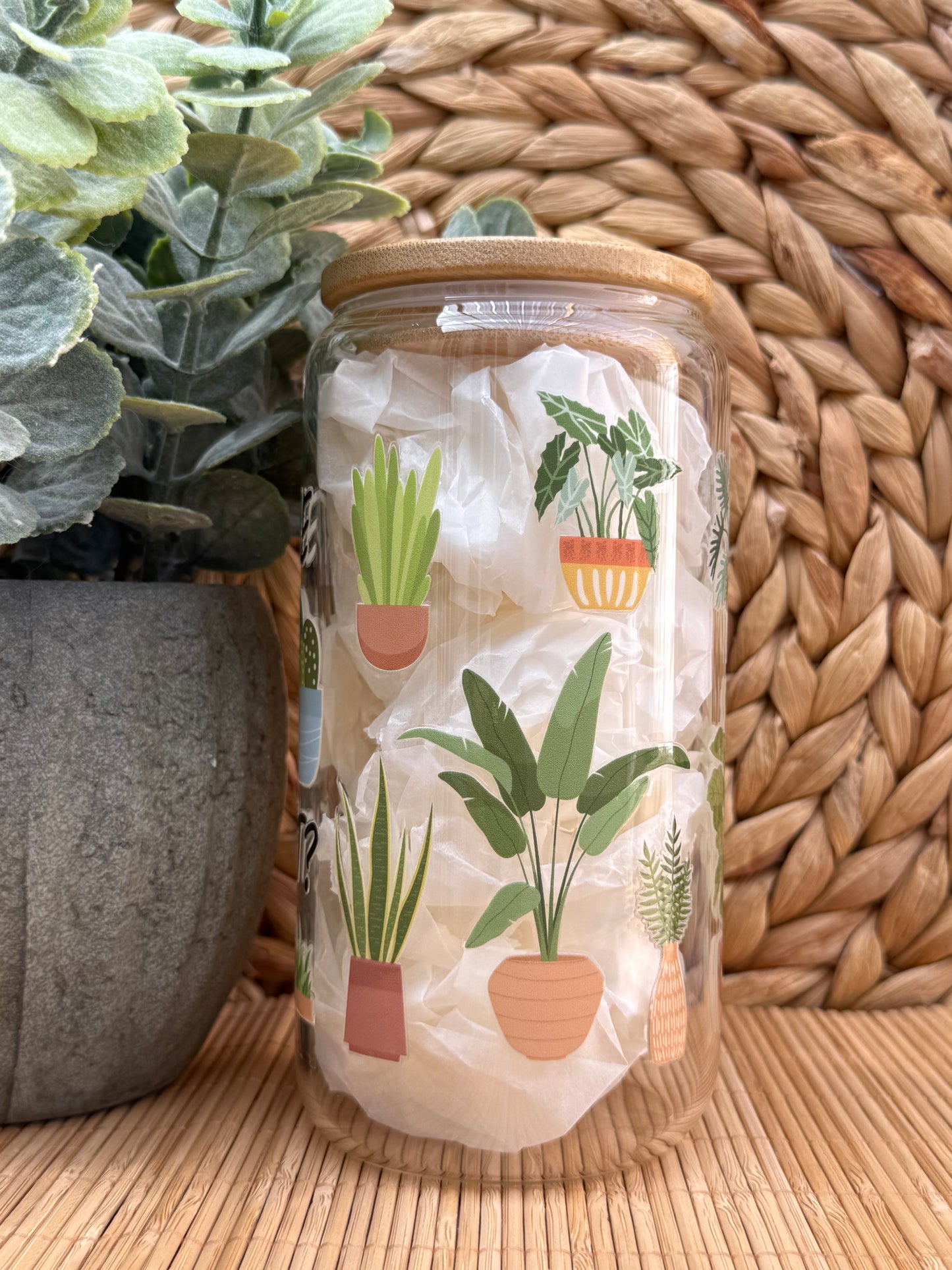 Garden Glass Tumbler 8 - Lid & Glass Straw 16oz (455ml)