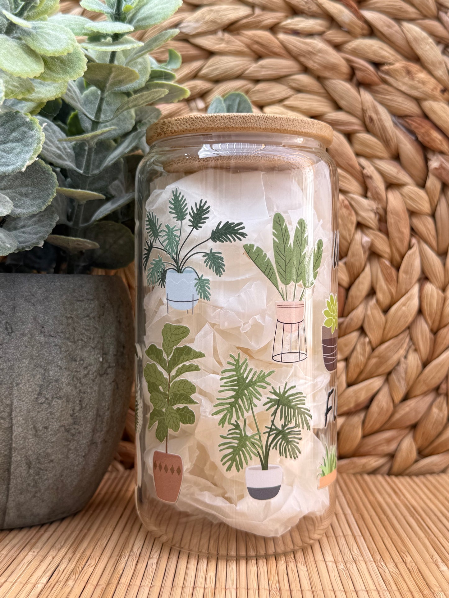 Garden Glass Tumbler 8 - Lid & Glass Straw 16oz (455ml)