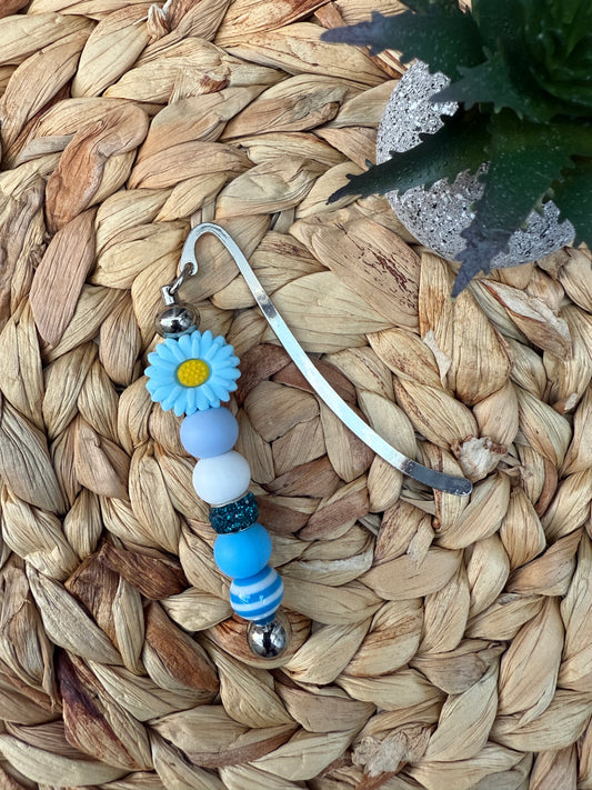 Blue Daisy Beaded Metal Bookmark