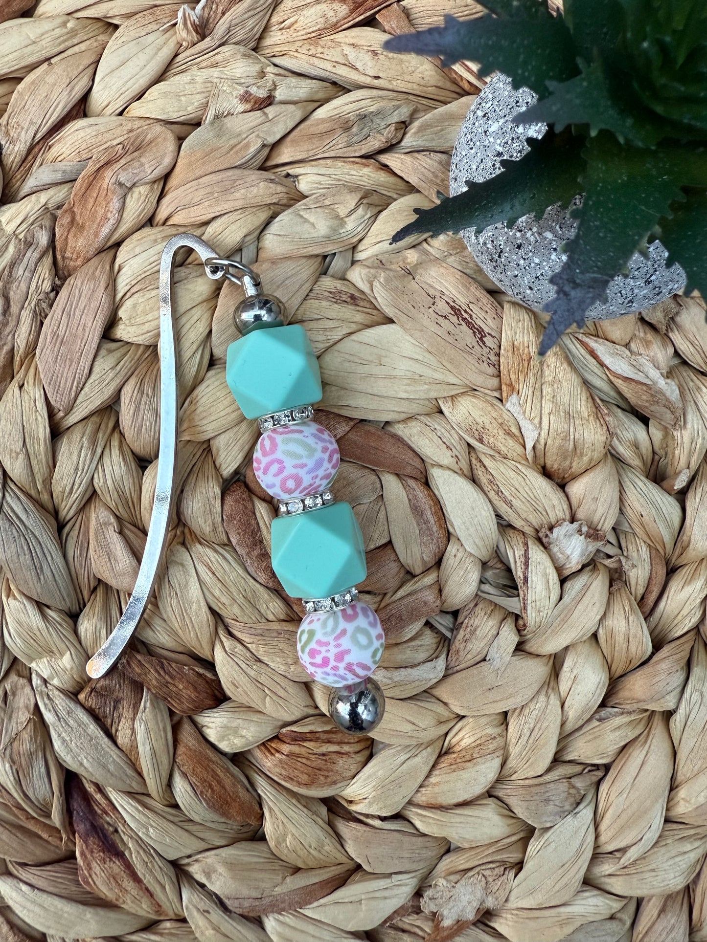 Mint Leopard Beaded Metal Bookmark