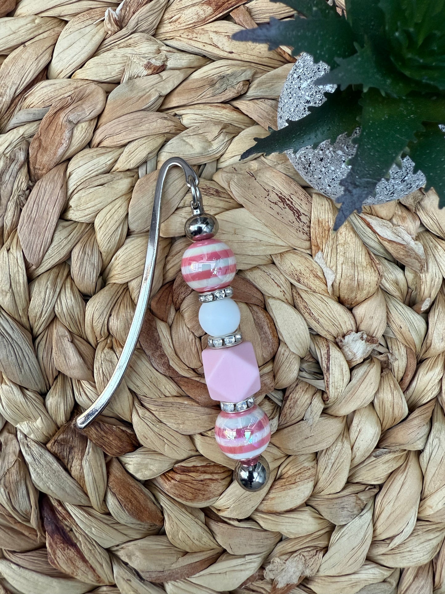 Pink Stripes Beaded Metal Bookmark