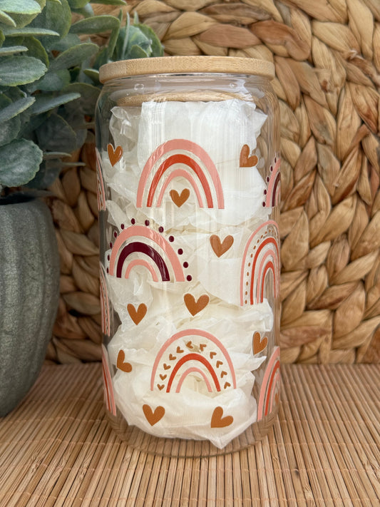 Golden Heart Rainbow Premium Glass Tumbler – Bamboo Lid & Reusable Glass Straw 16oz (455ml)