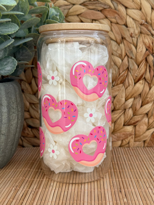 Sweetheart Donut Premium Glass Tumbler – Bamboo Lid & Reusable Glass Straw 16oz (455ml)
