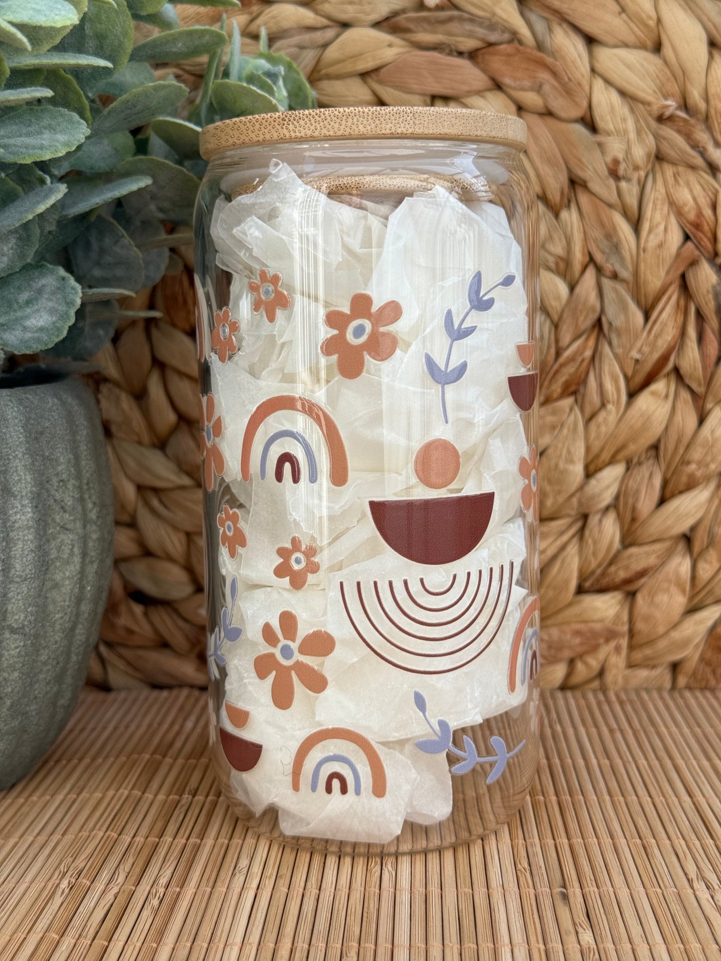 Boho Bloom Premium Glass Tumbler – Bamboo Lid & Reusable Glass Straw 16oz (455ml)