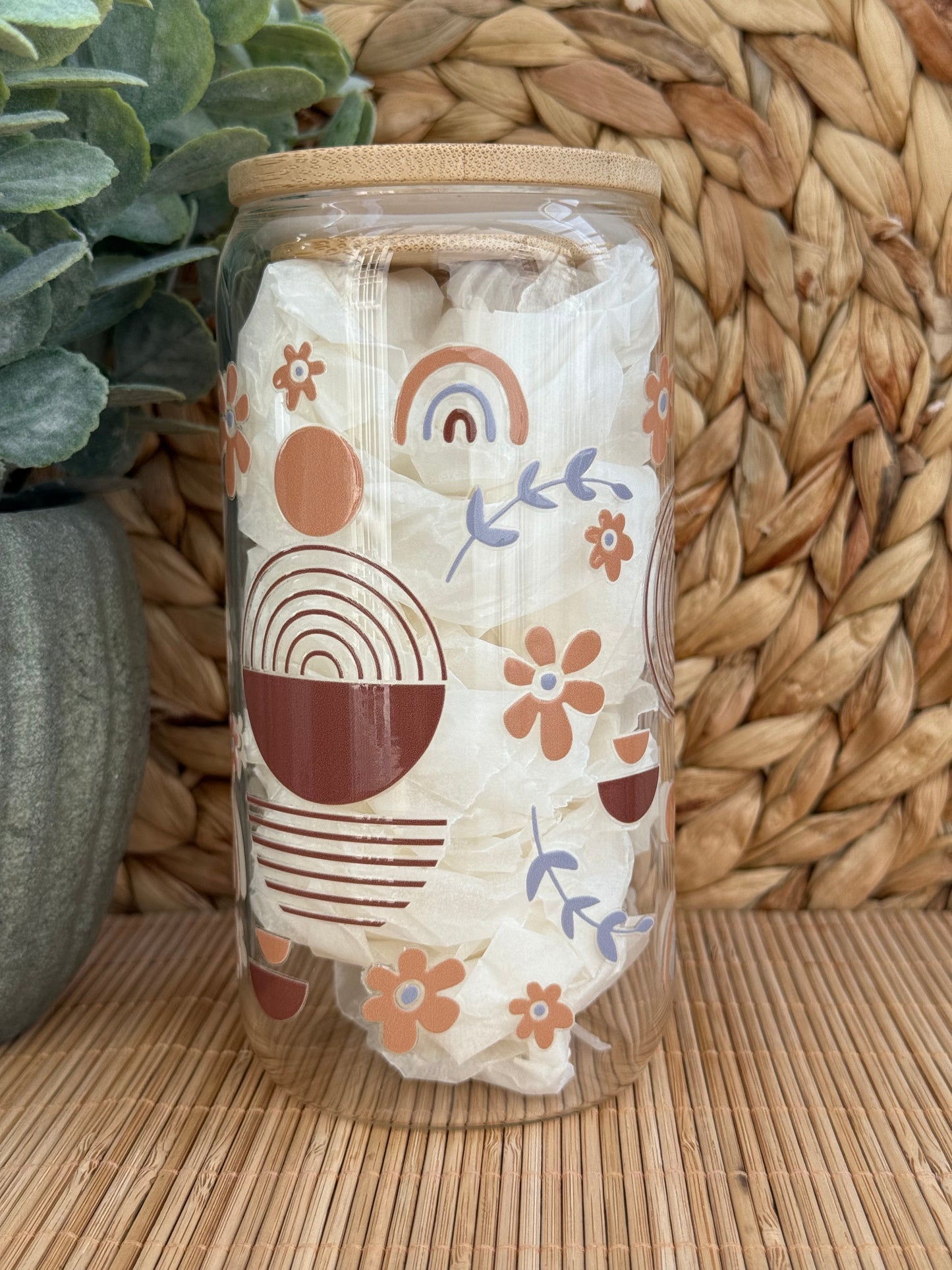 Boho Bloom Premium Glass Tumbler – Bamboo Lid & Reusable Glass Straw 16oz (455ml)