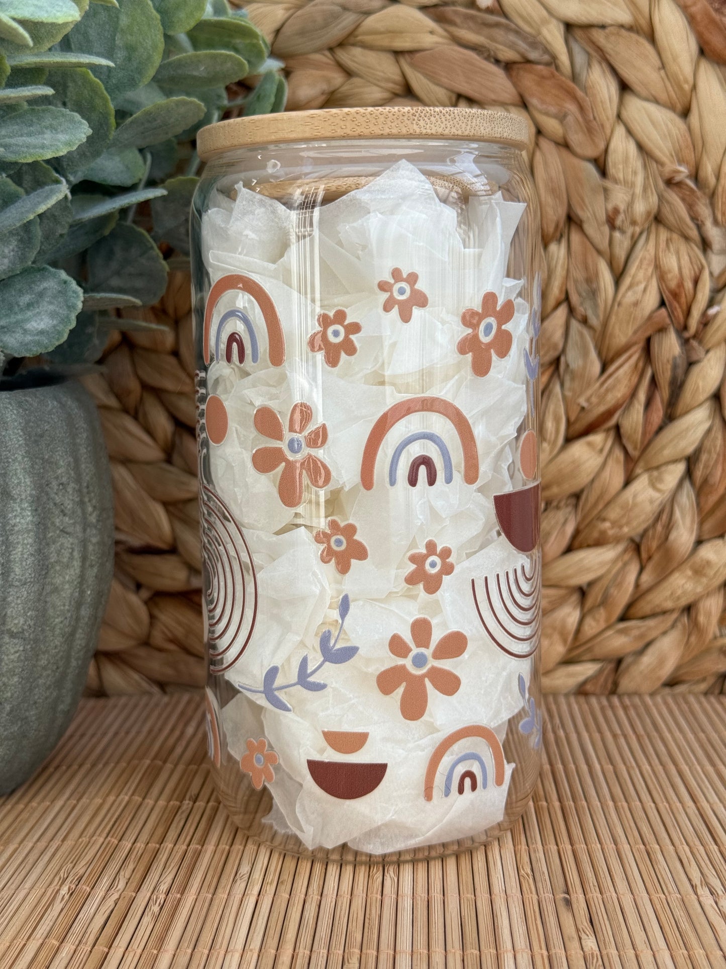 Boho Bloom Premium Glass Tumbler – Bamboo Lid & Reusable Glass Straw 16oz (455ml)