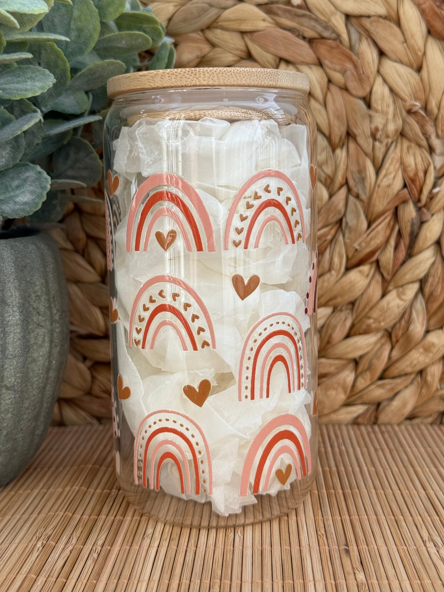 Golden Heart Rainbow Premium Glass Tumbler – Bamboo Lid & Reusable Glass Straw 16oz (455ml)