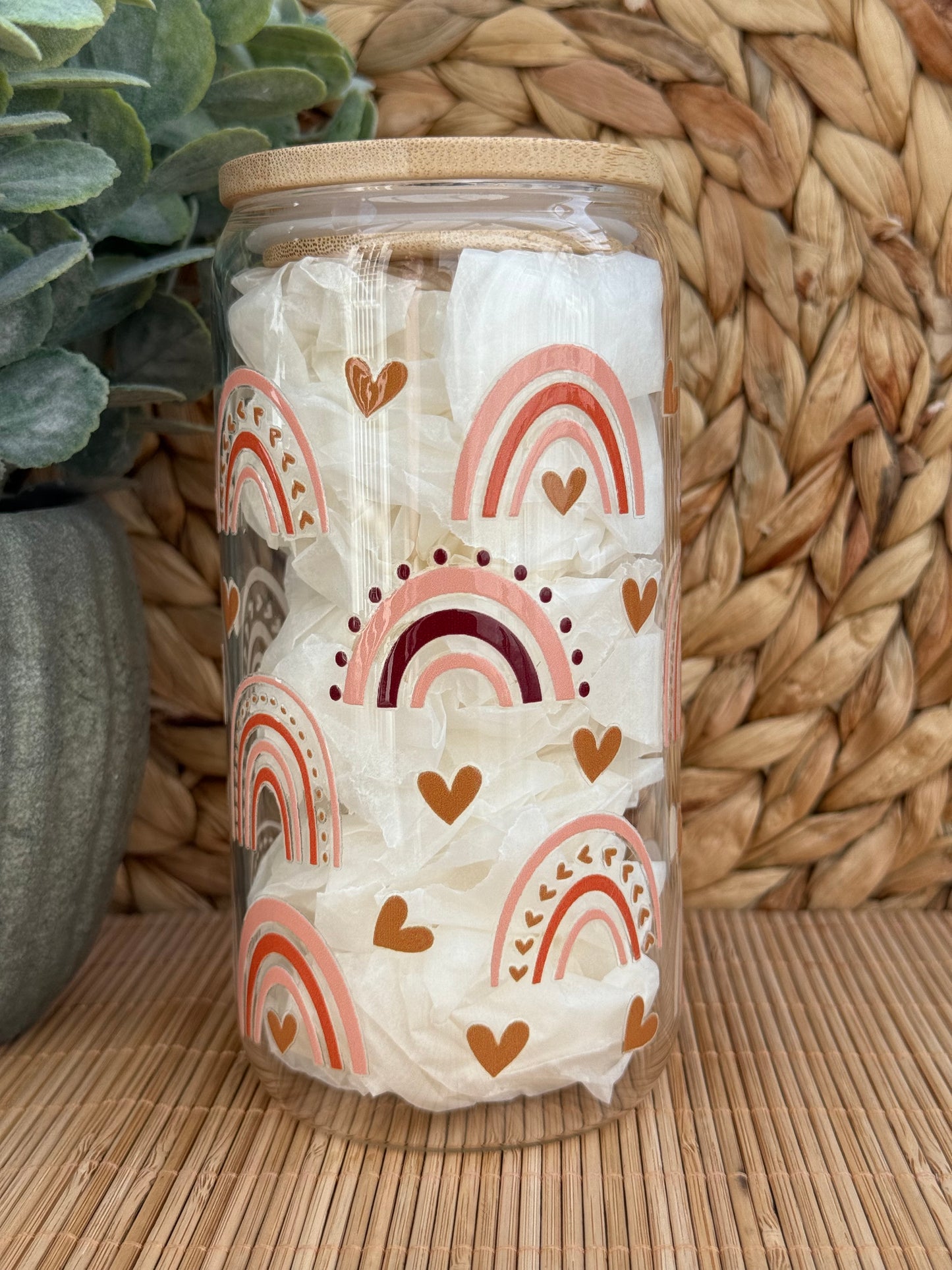 Golden Heart Rainbow Premium Glass Tumbler – Bamboo Lid & Reusable Glass Straw 16oz (455ml)