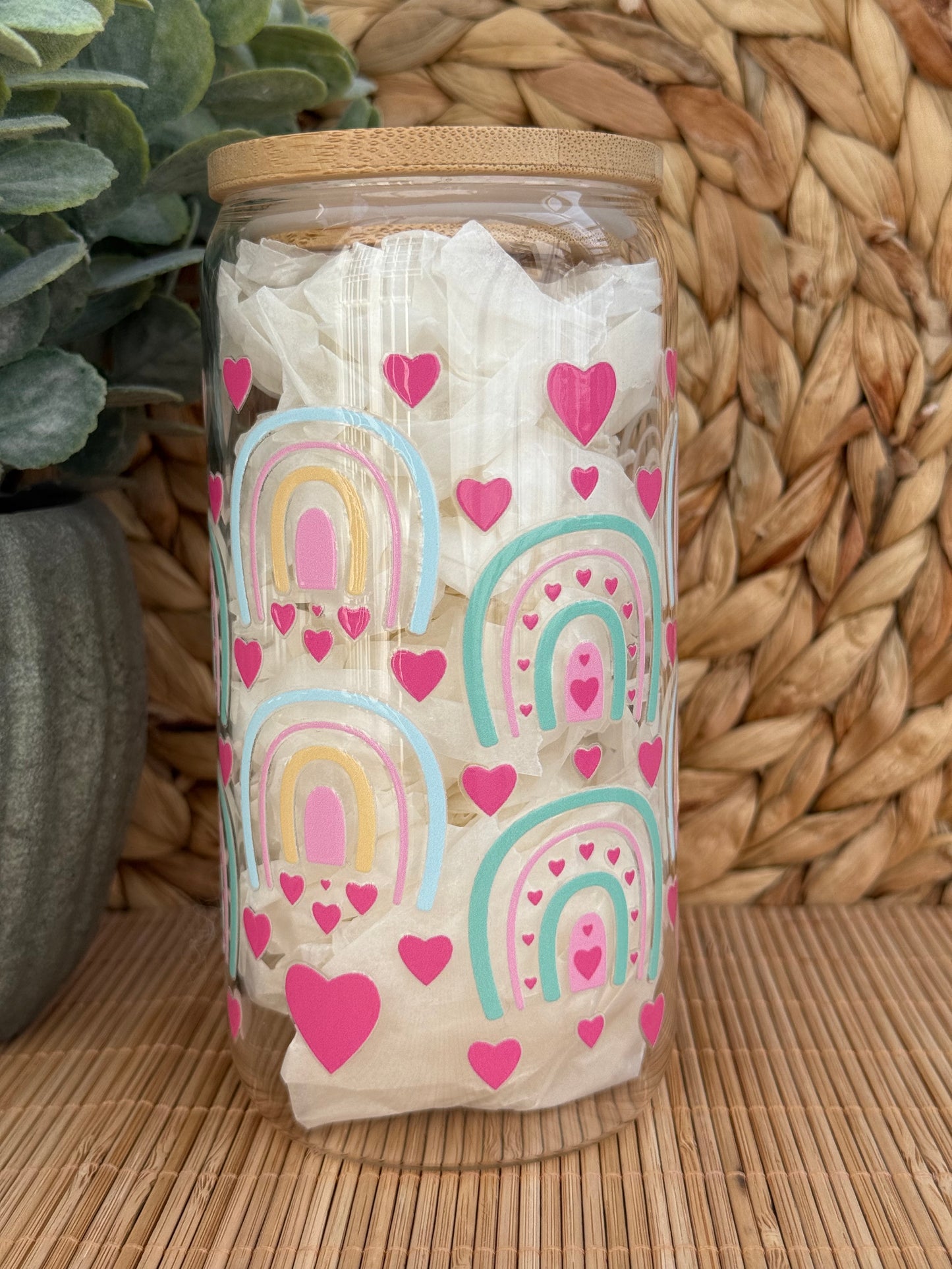 Pastel Love Rainbow Premium Glass Tumbler – Bamboo Lid & Reusable Glass Straw 16oz (455ml)