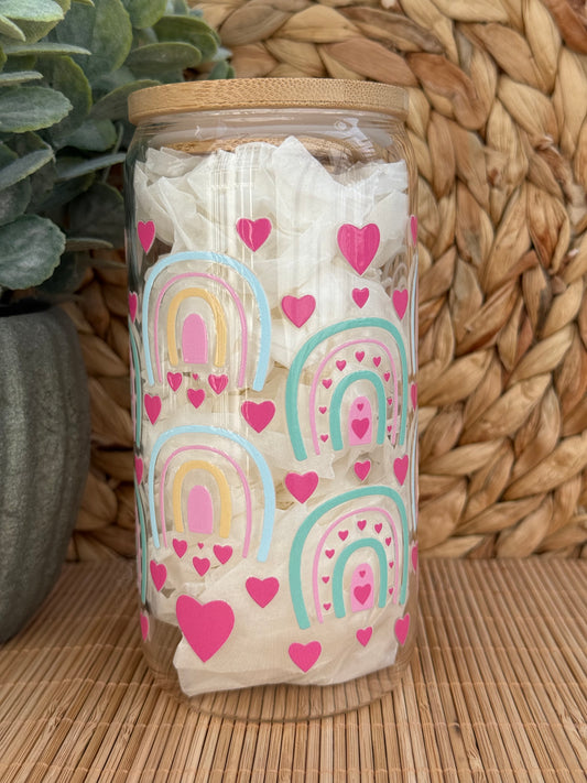 Pastel Love Rainbow Premium Glass Tumbler – Bamboo Lid & Reusable Glass Straw 16oz (455ml)