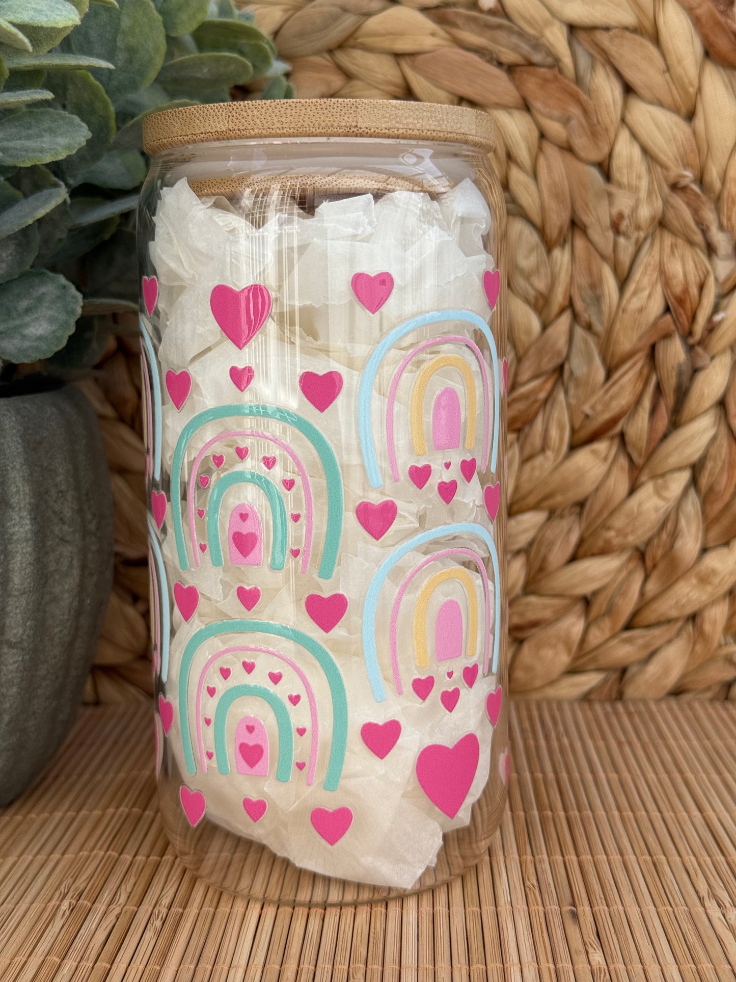 Pastel Love Rainbow Premium Glass Tumbler – Bamboo Lid & Reusable Glass Straw 16oz (455ml)