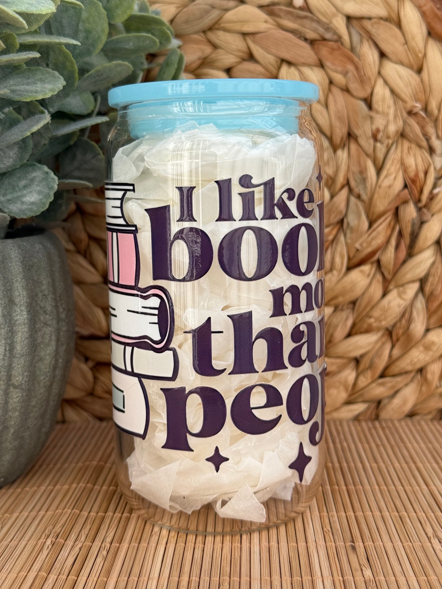 Books Over People Premium Glass Tumbler – Candy Coloured Lid & Reusable Glass Straw 16oz (455ml)