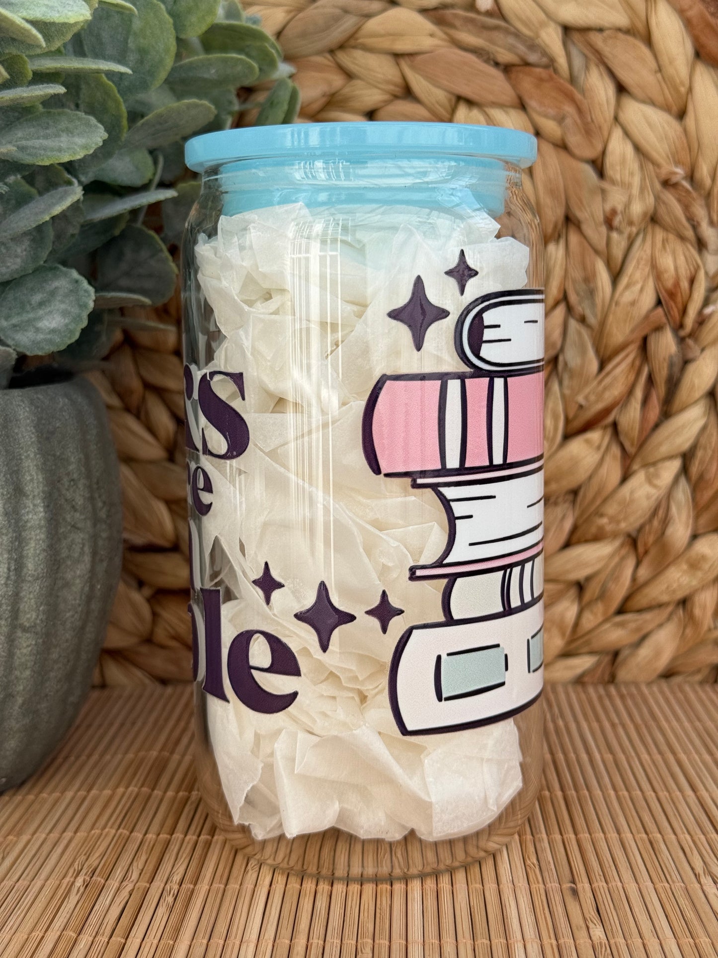 Books Over People Premium Glass Tumbler – Candy Coloured Lid & Reusable Glass Straw 16oz (455ml)