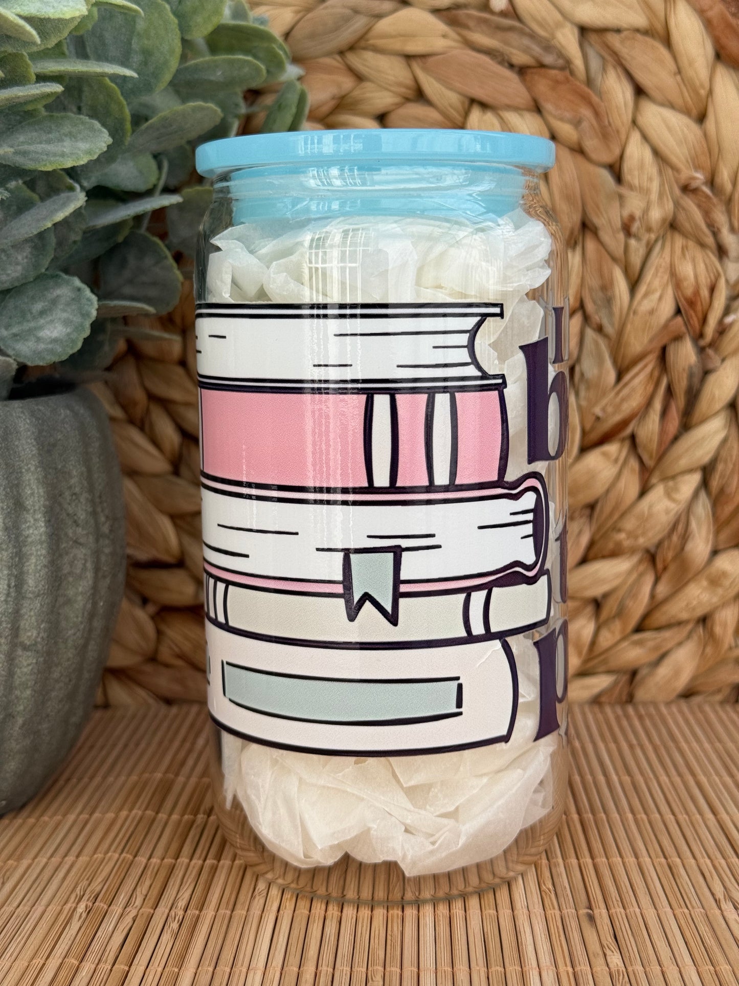 Books Over People Premium Glass Tumbler – Candy Coloured Lid & Reusable Glass Straw 16oz (455ml)