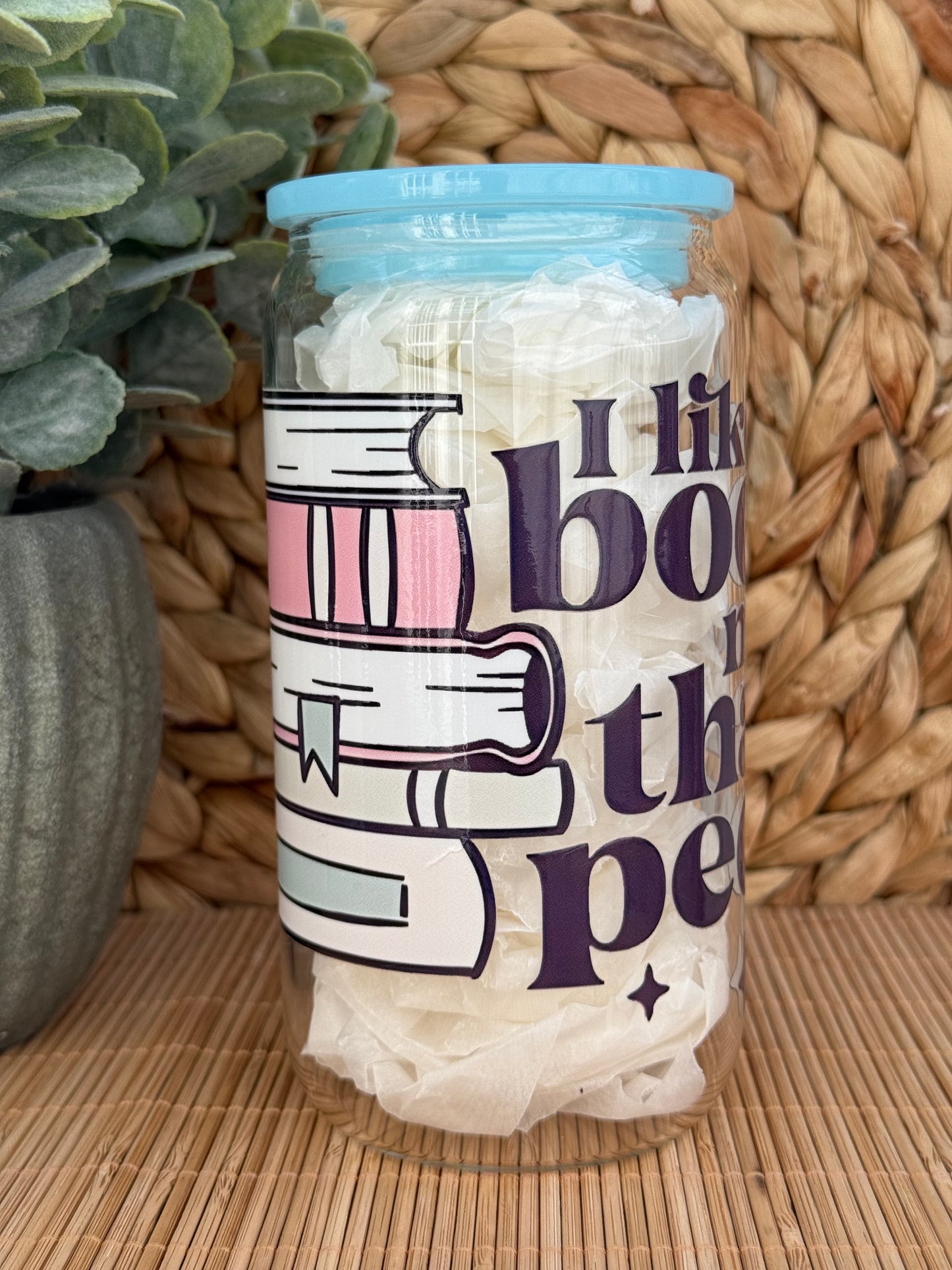 Books Over People Premium Glass Tumbler – Candy Coloured Lid & Reusable Glass Straw 16oz (455ml)