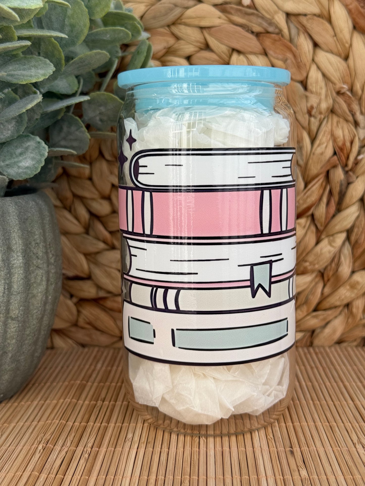 Books Over People Premium Glass Tumbler – Candy Coloured Lid & Reusable Glass Straw 16oz (455ml)