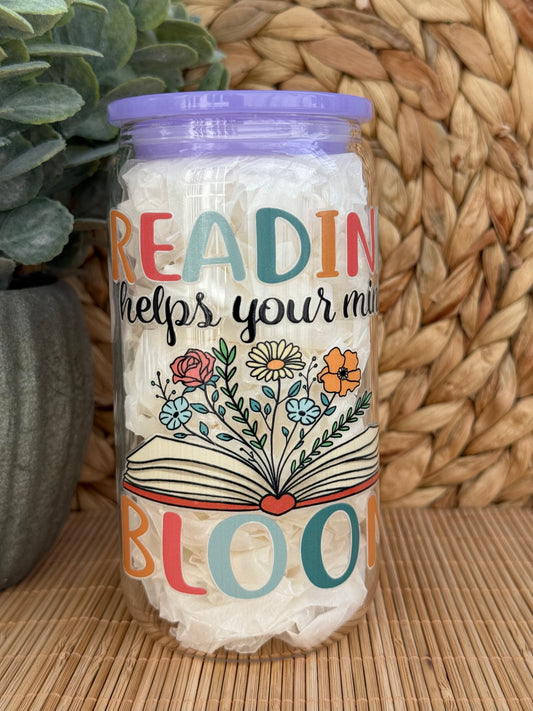 Reading Blooms Premium Glass Tumbler – Candy Coloured Lid & Reusable Glass Straw 16oz (455ml)