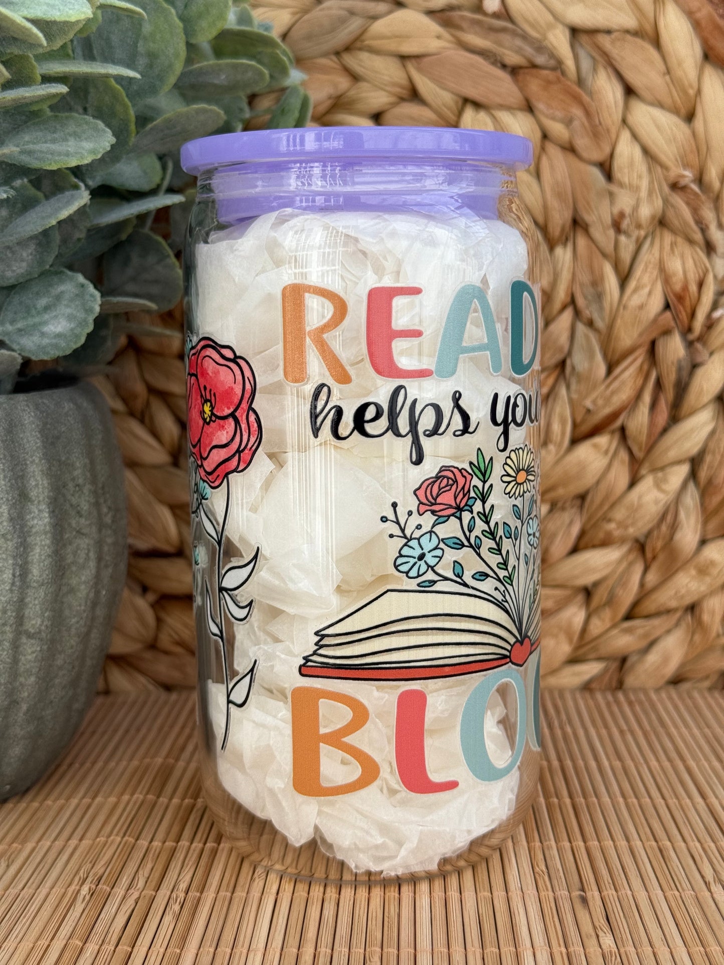 Reading Blooms Premium Glass Tumbler – Candy Coloured Lid & Reusable Glass Straw 16oz (455ml)