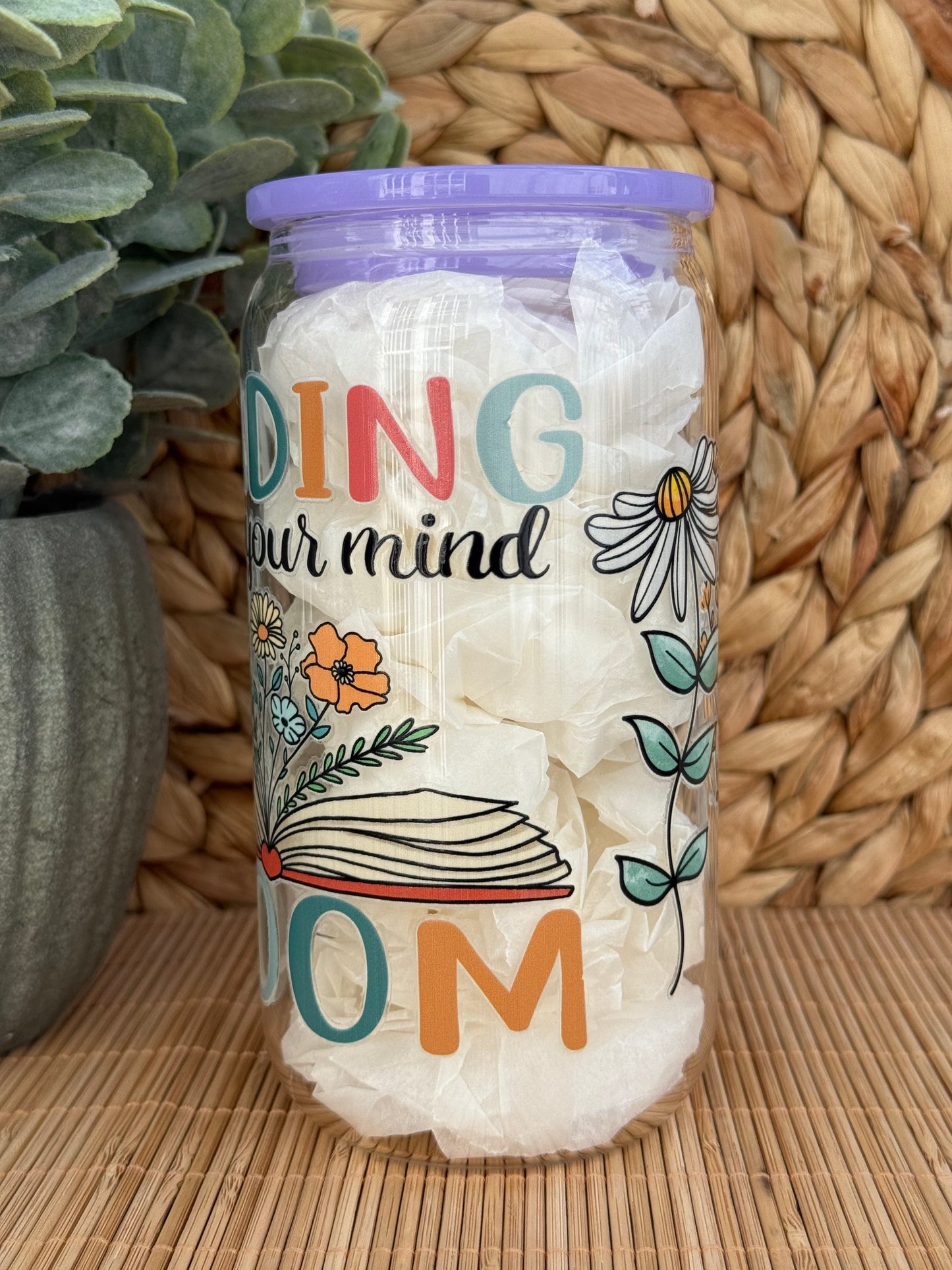 Reading Blooms Premium Glass Tumbler – Candy Coloured Lid & Reusable Glass Straw 16oz (455ml)