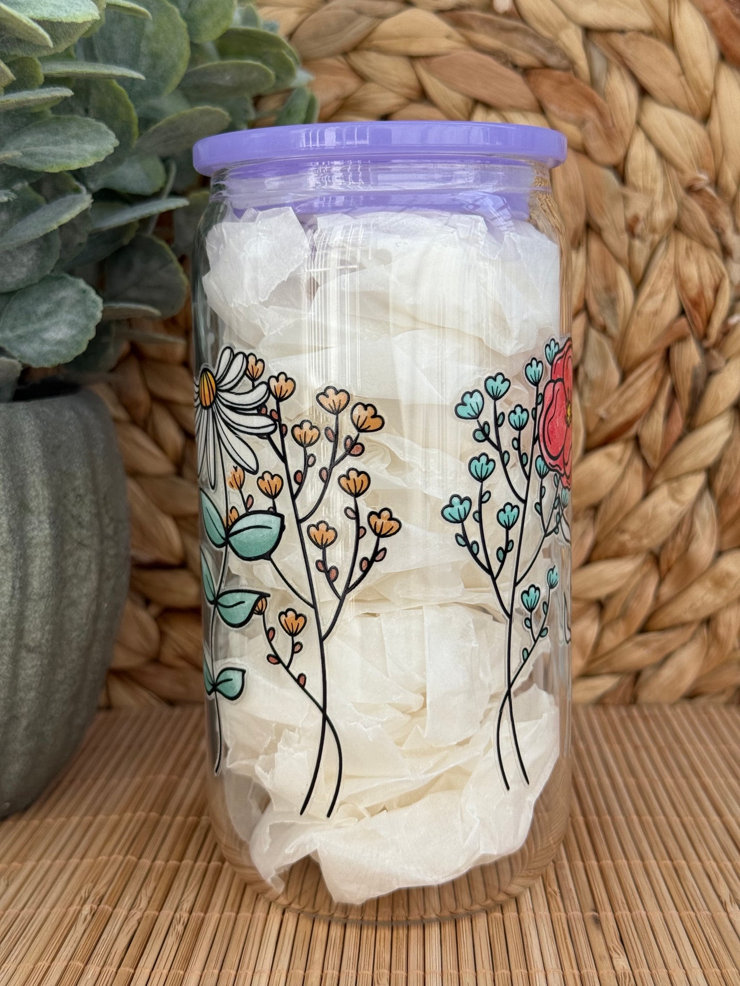 Reading Blooms Premium Glass Tumbler – Candy Coloured Lid & Reusable Glass Straw 16oz (455ml)