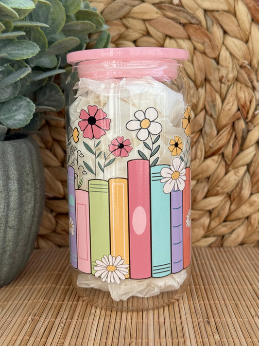 Floral Bookshelf Premium Glass Tumbler – Candy Coloured Lid & Reusable Glass Straw 16oz (455ml)