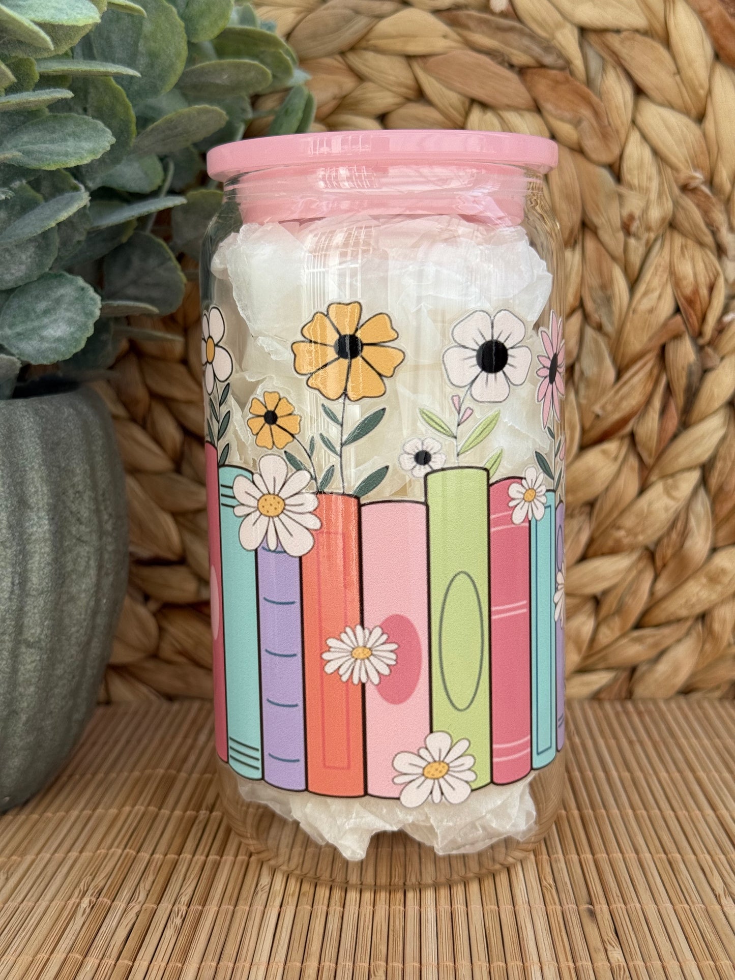 Floral Bookshelf Premium Glass Tumbler – Candy Coloured Lid & Reusable Glass Straw 16oz (455ml)