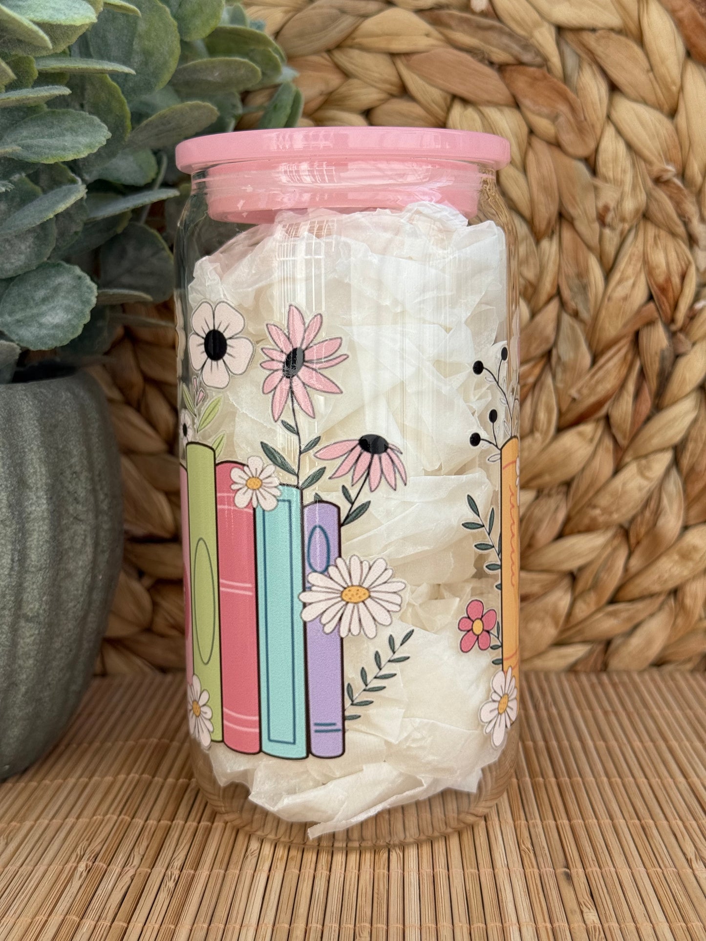 Floral Bookshelf Premium Glass Tumbler – Candy Coloured Lid & Reusable Glass Straw 16oz (455ml)