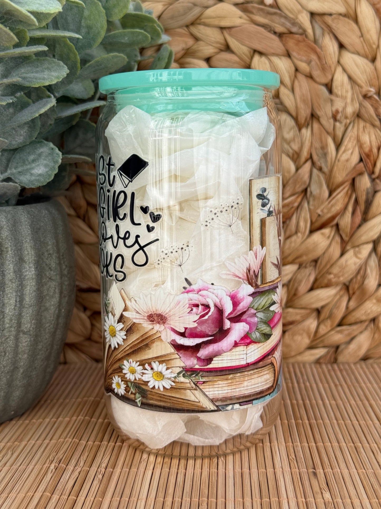 Book Lover Premium Glass Tumbler – Candy Coloured Lid & Reusable Glass Straw 16oz (455ml)