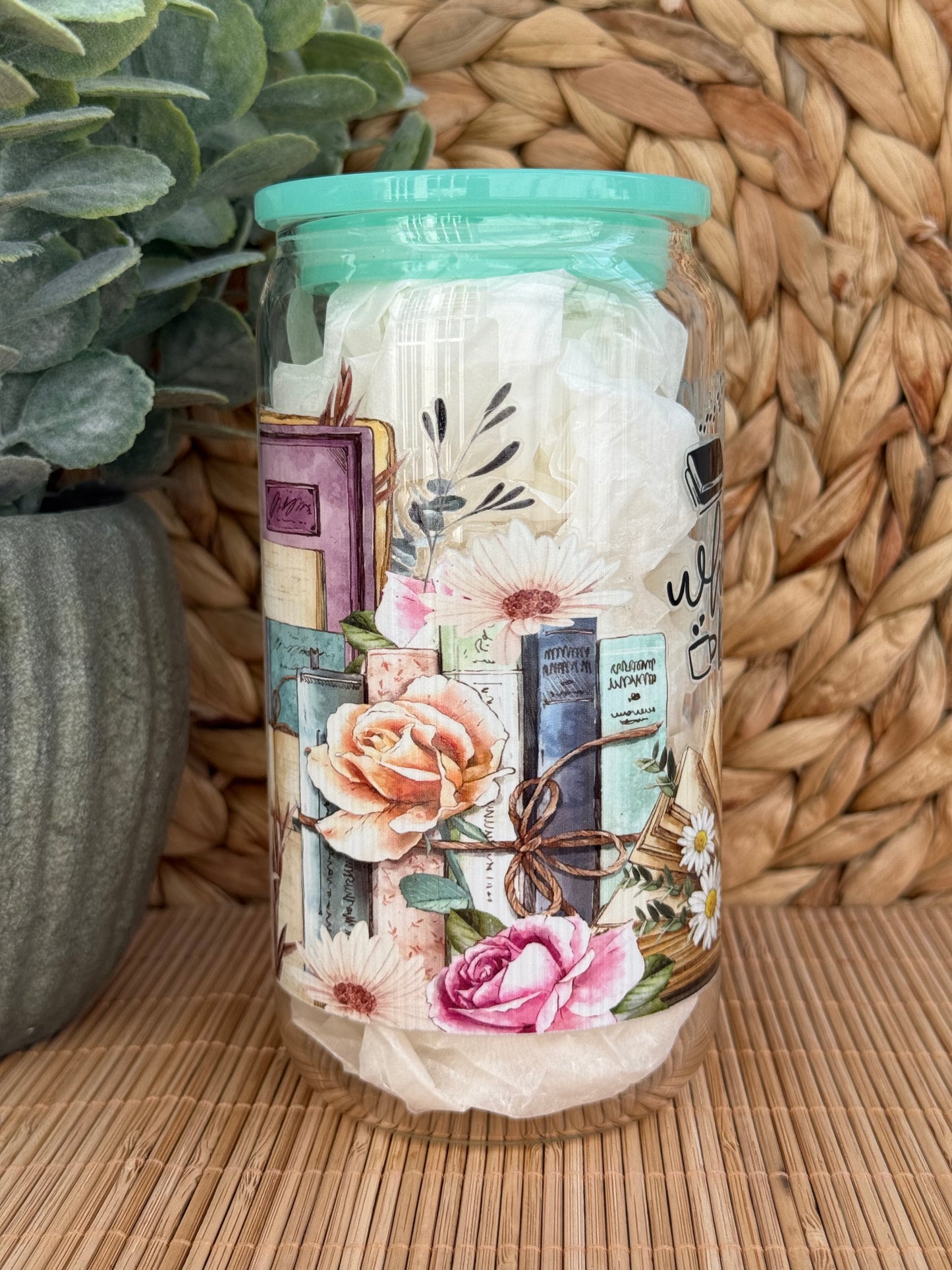 Book Lover Premium Glass Tumbler – Candy Coloured Lid & Reusable Glass Straw 16oz (455ml)