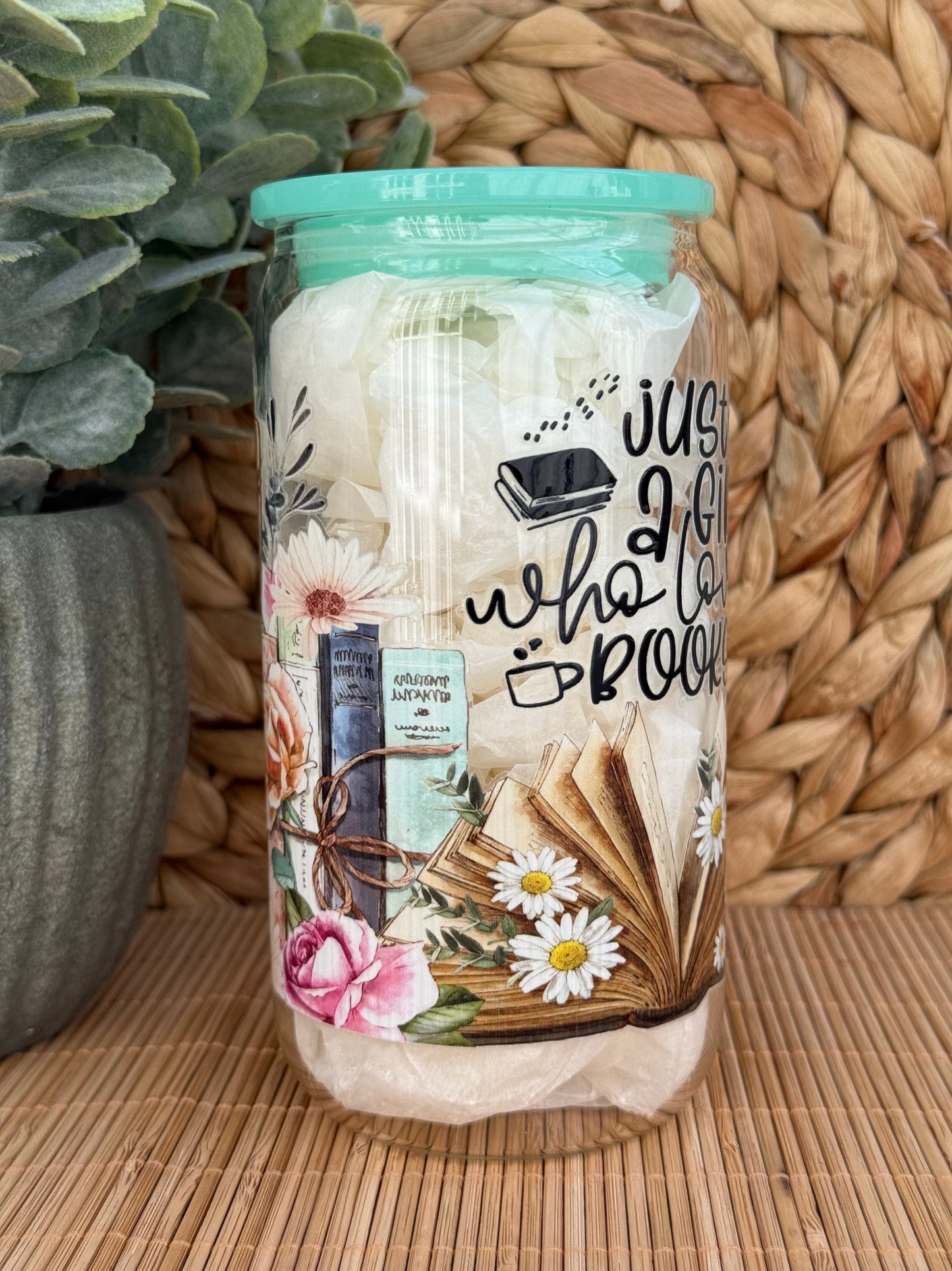 Book Lover Premium Glass Tumbler – Candy Coloured Lid & Reusable Glass Straw 16oz (455ml)