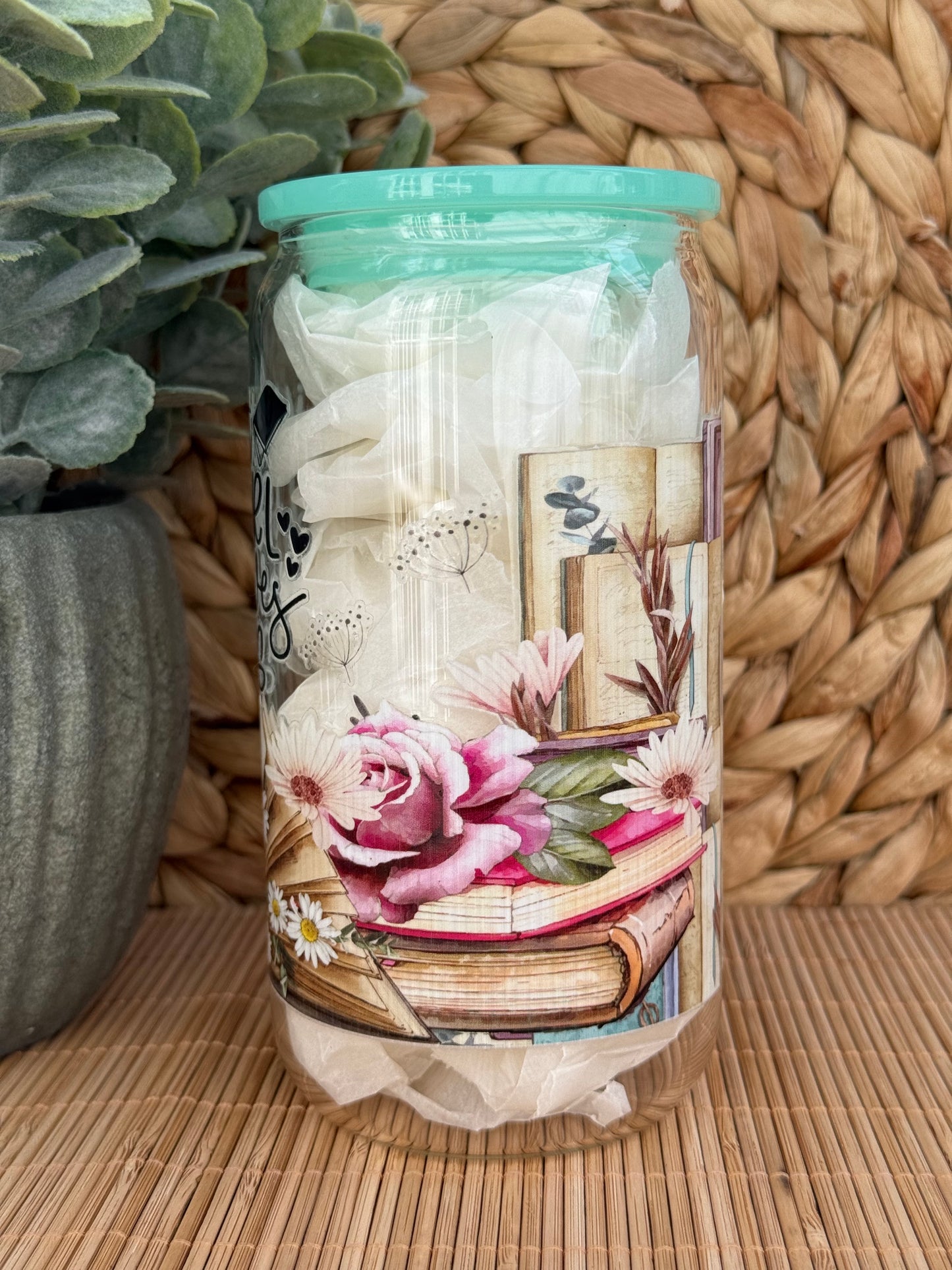 Book Lover Premium Glass Tumbler – Candy Coloured Lid & Reusable Glass Straw 16oz (455ml)