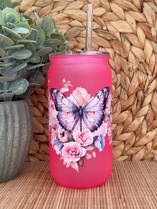 Butterfly & Blossoms Frosted Tumbler - Lid & Straw 16oz (455ml)