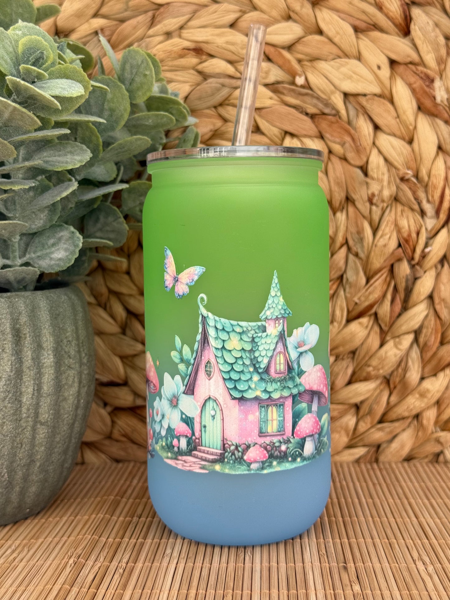 Enchanted Cottage Fairy Garden – Frosted Tumbler - Lid & Straw 16oz (455ml)
