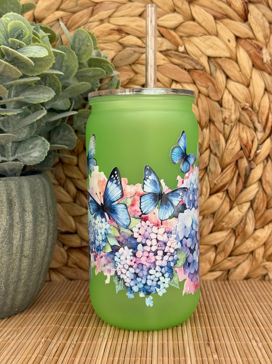 Blooming Hydrangea Butterfly Frosted Tumbler - Lid & Straw 16oz (455ml)