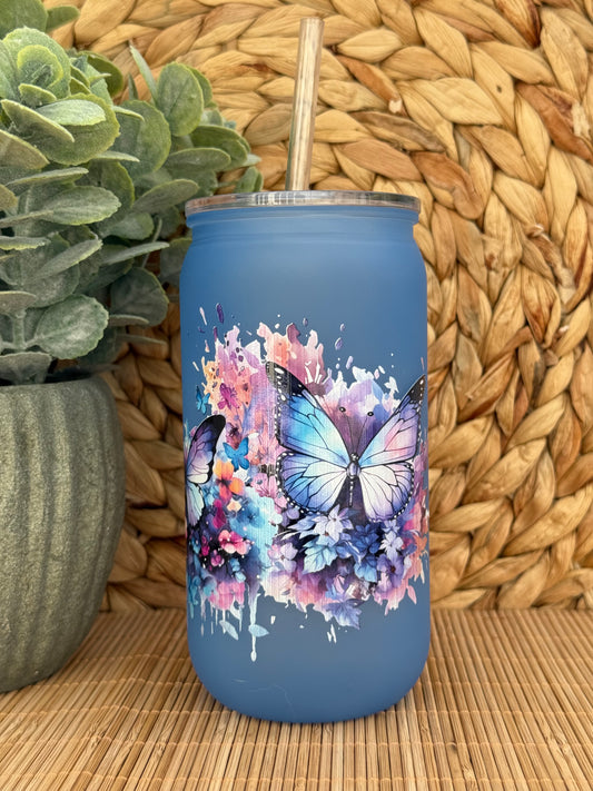Midnight Bloom & Butterflies Frosted Tumbler - Lid & Straw 16oz (455ml)